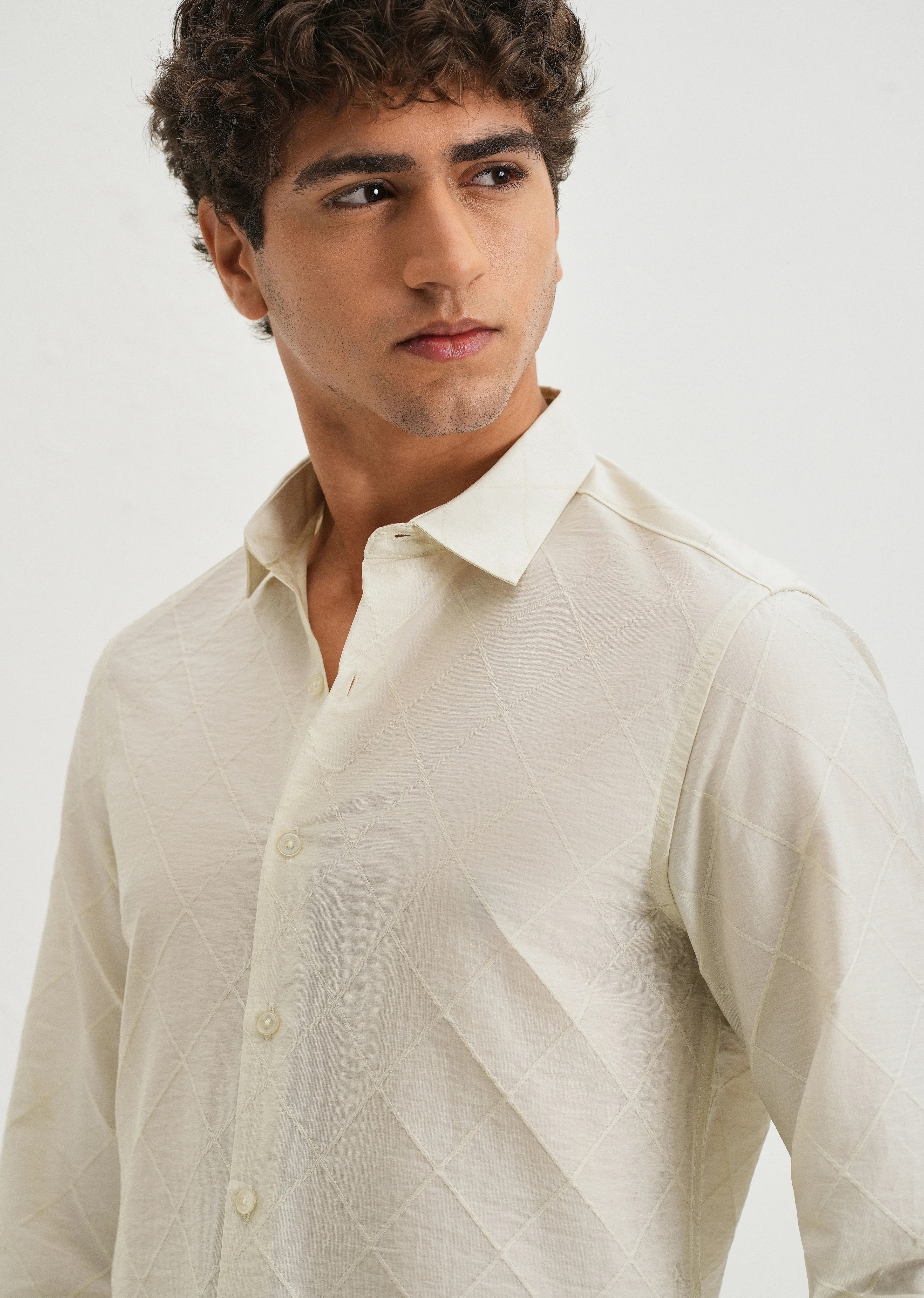 Off White Diamond Self Pattern Shirt - Image 5