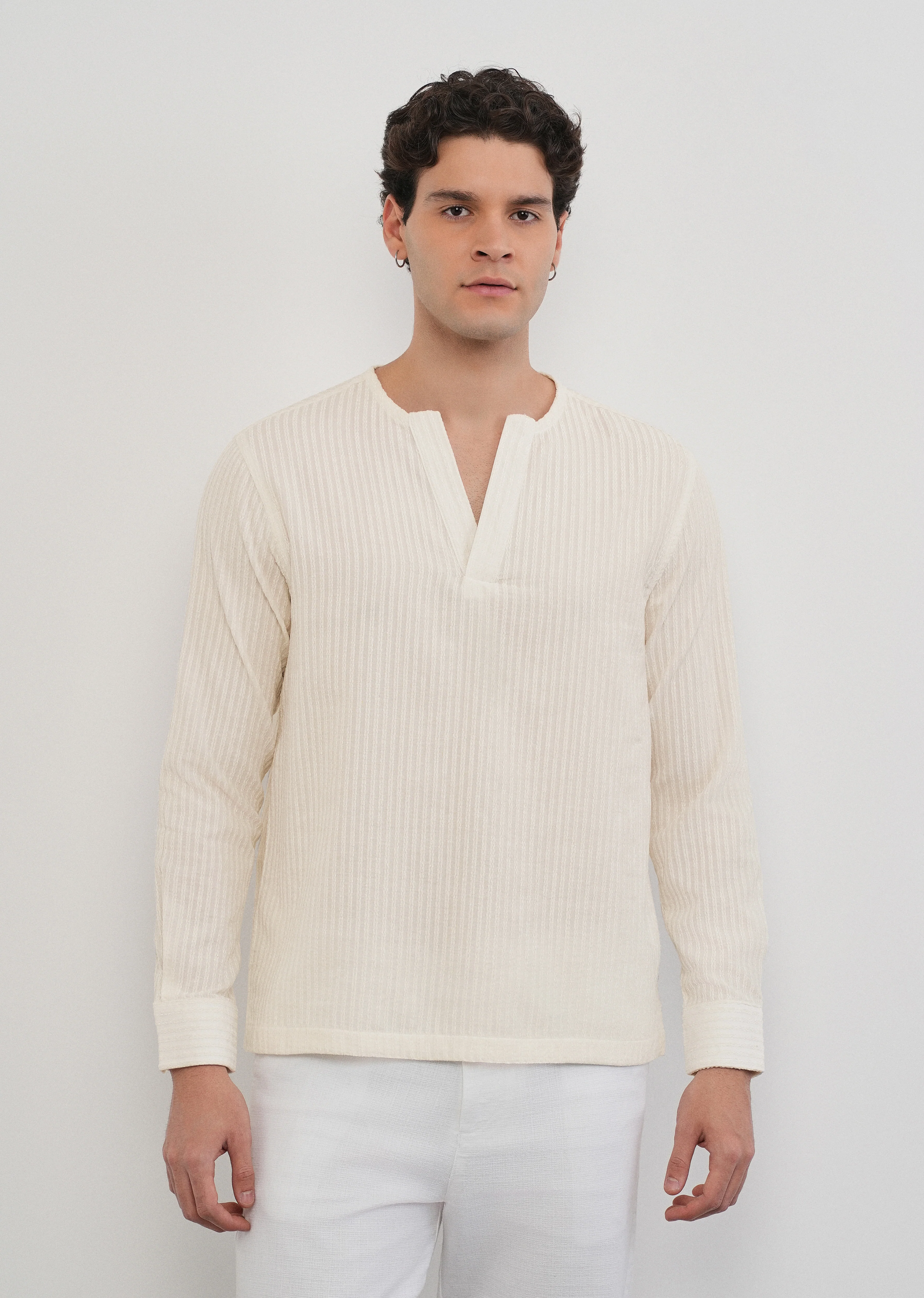 Off-White Jacquard Stripe Short Kurta - Image 4