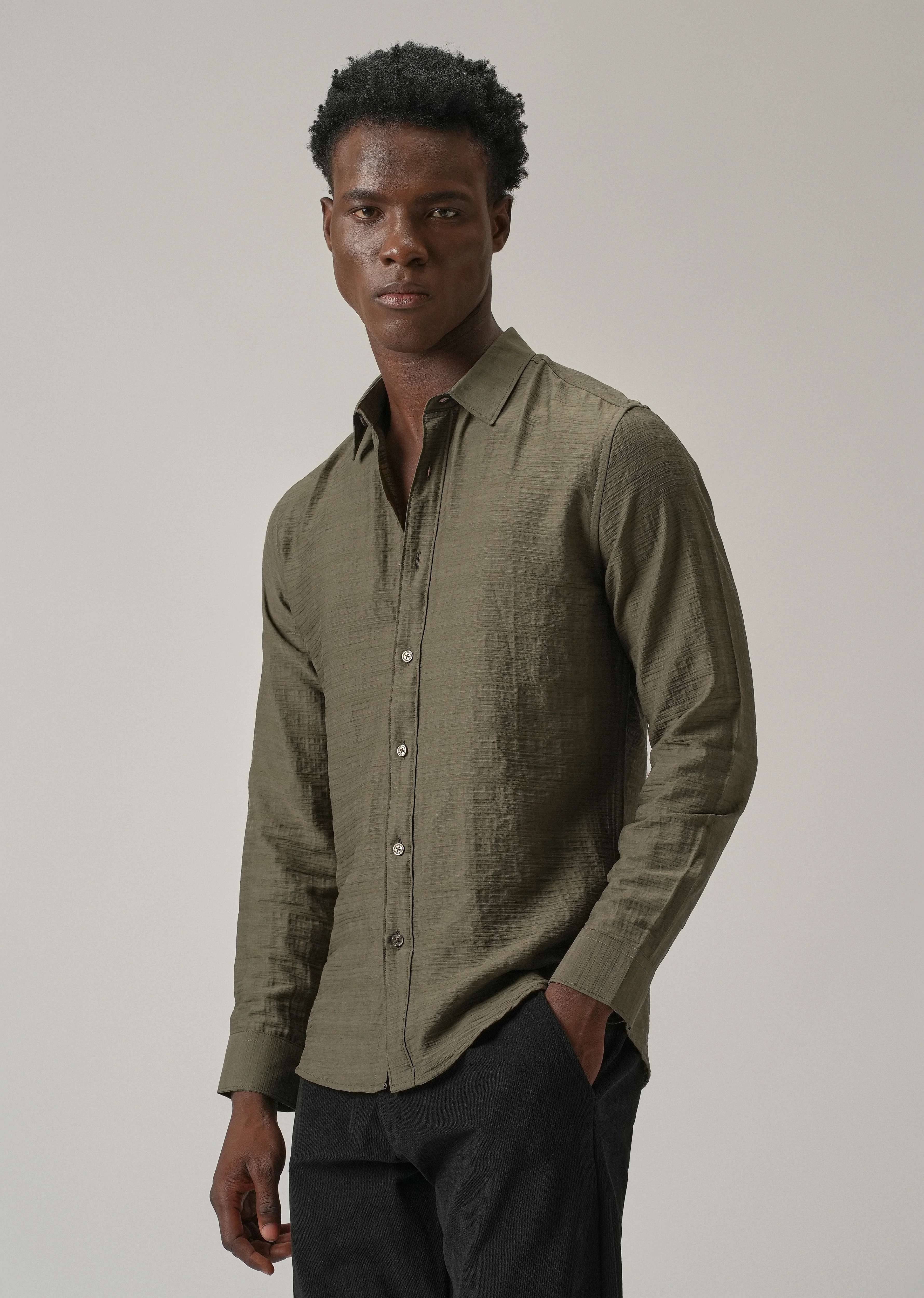 Olive Crushed Self Stripe Shirt - Image 4