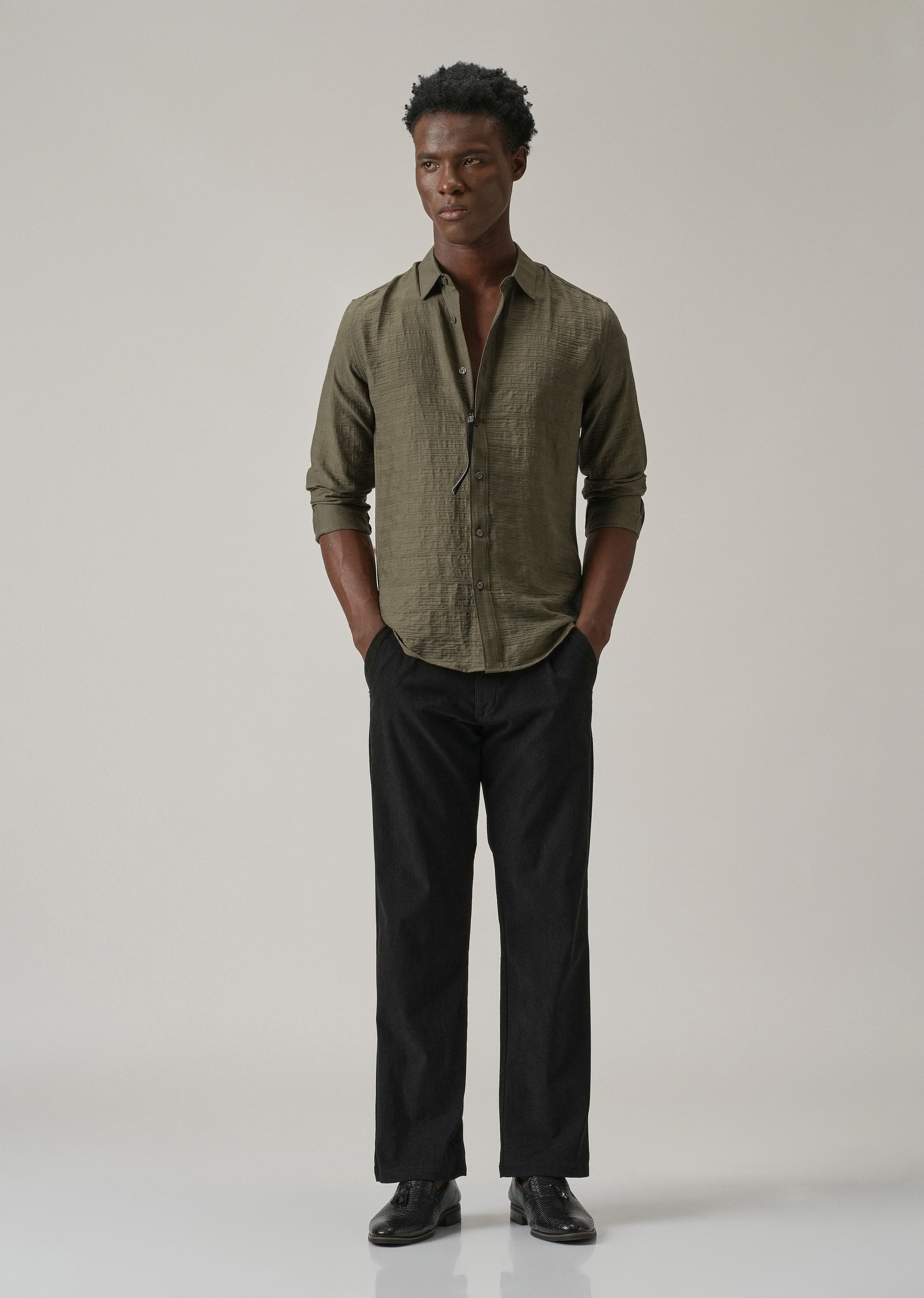 Olive Crushed Self Stripe Shirt - Image 6
