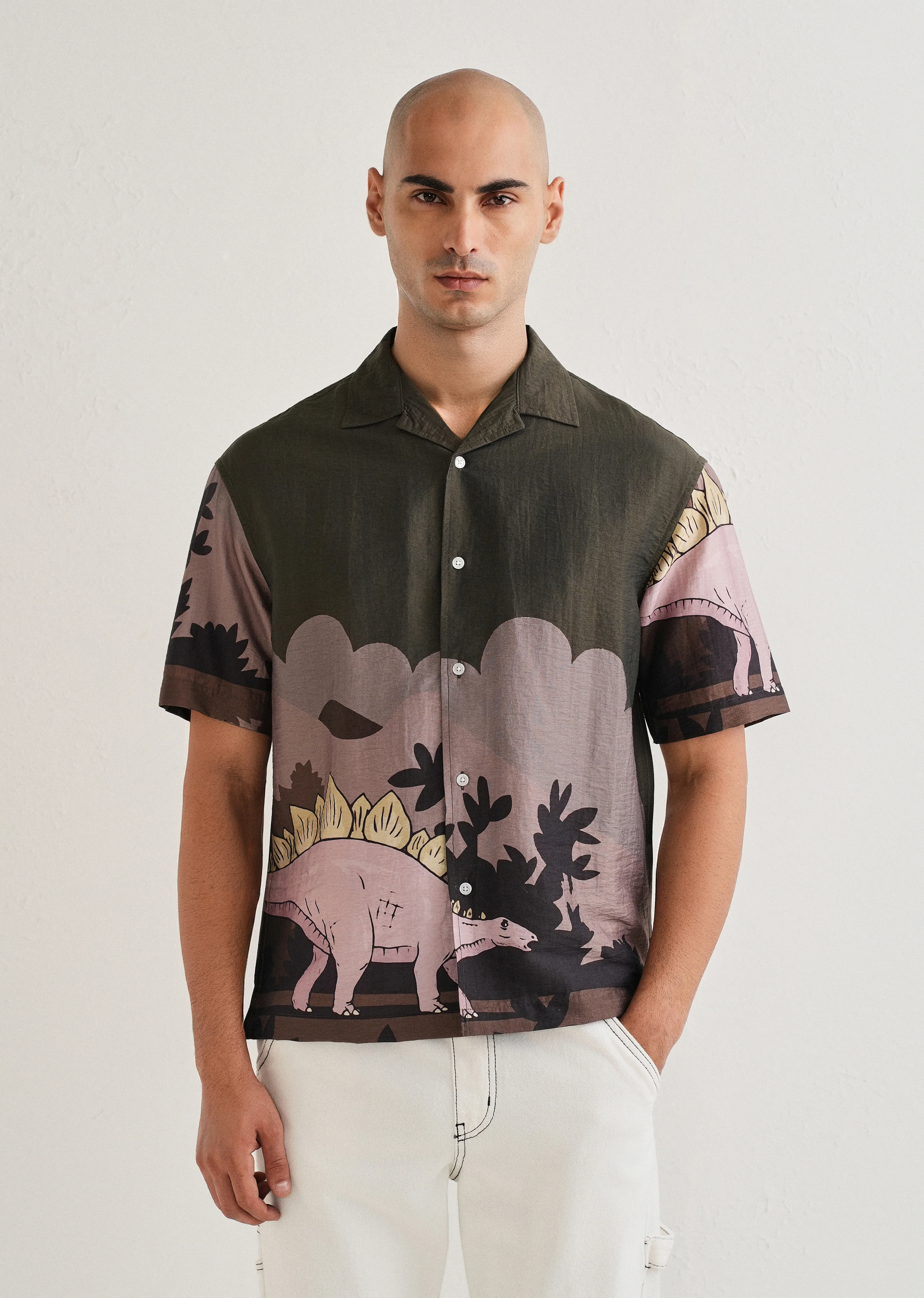 Olive Dino Placement Print Shirt - Image 3