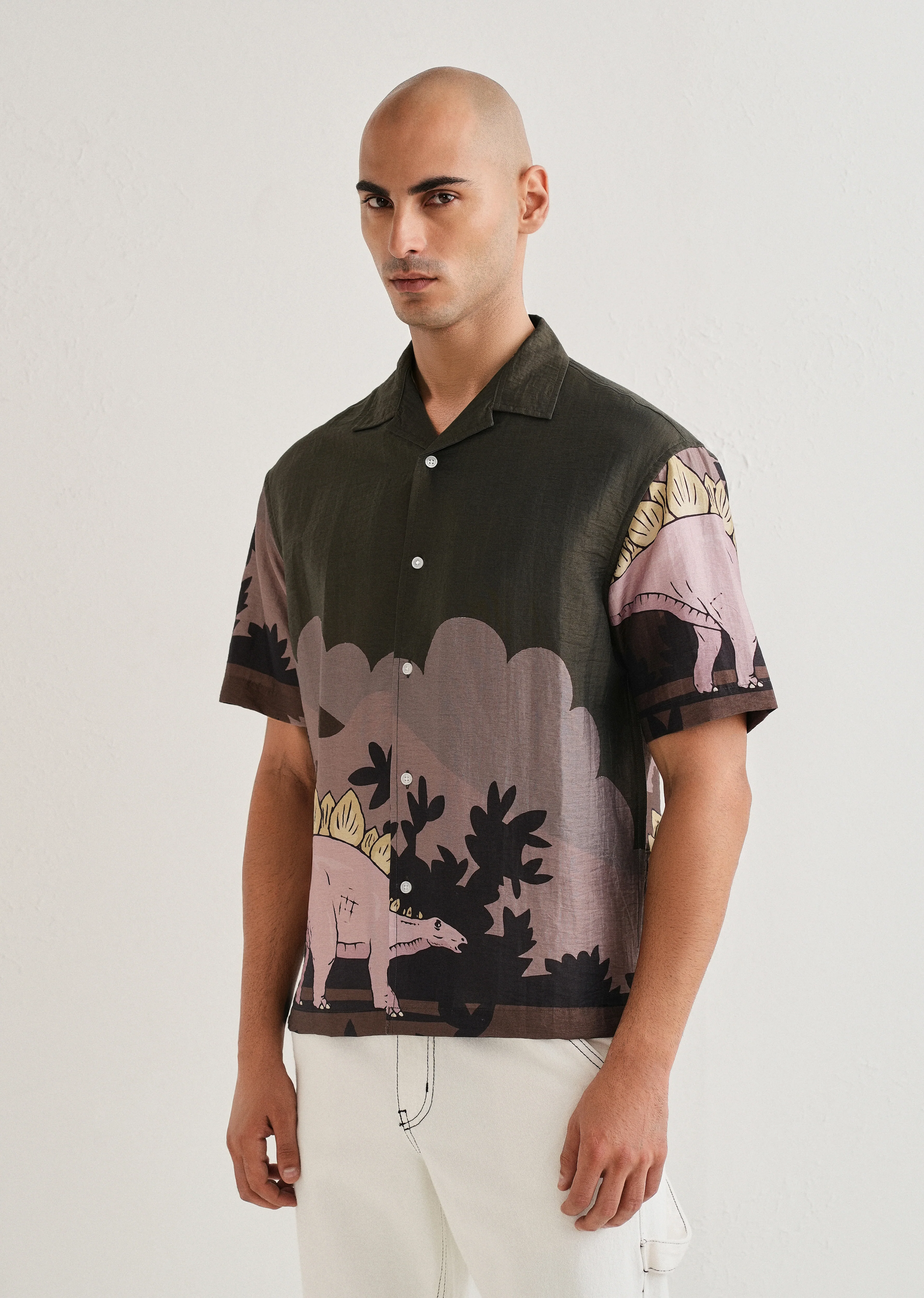 Olive Dino Placement Print Shirt - Image 4