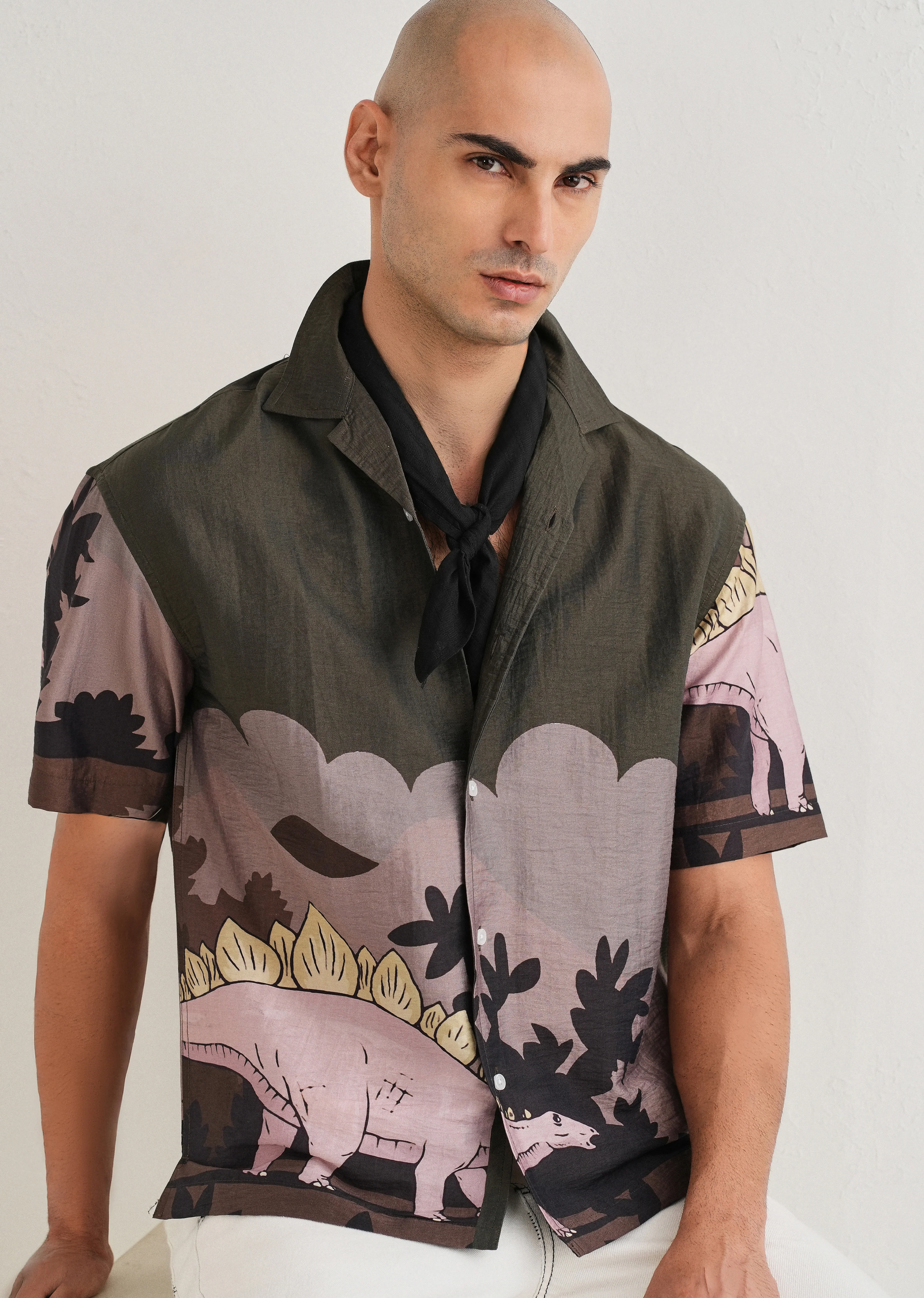 Olive Dino Placement Print Shirt - Image 7