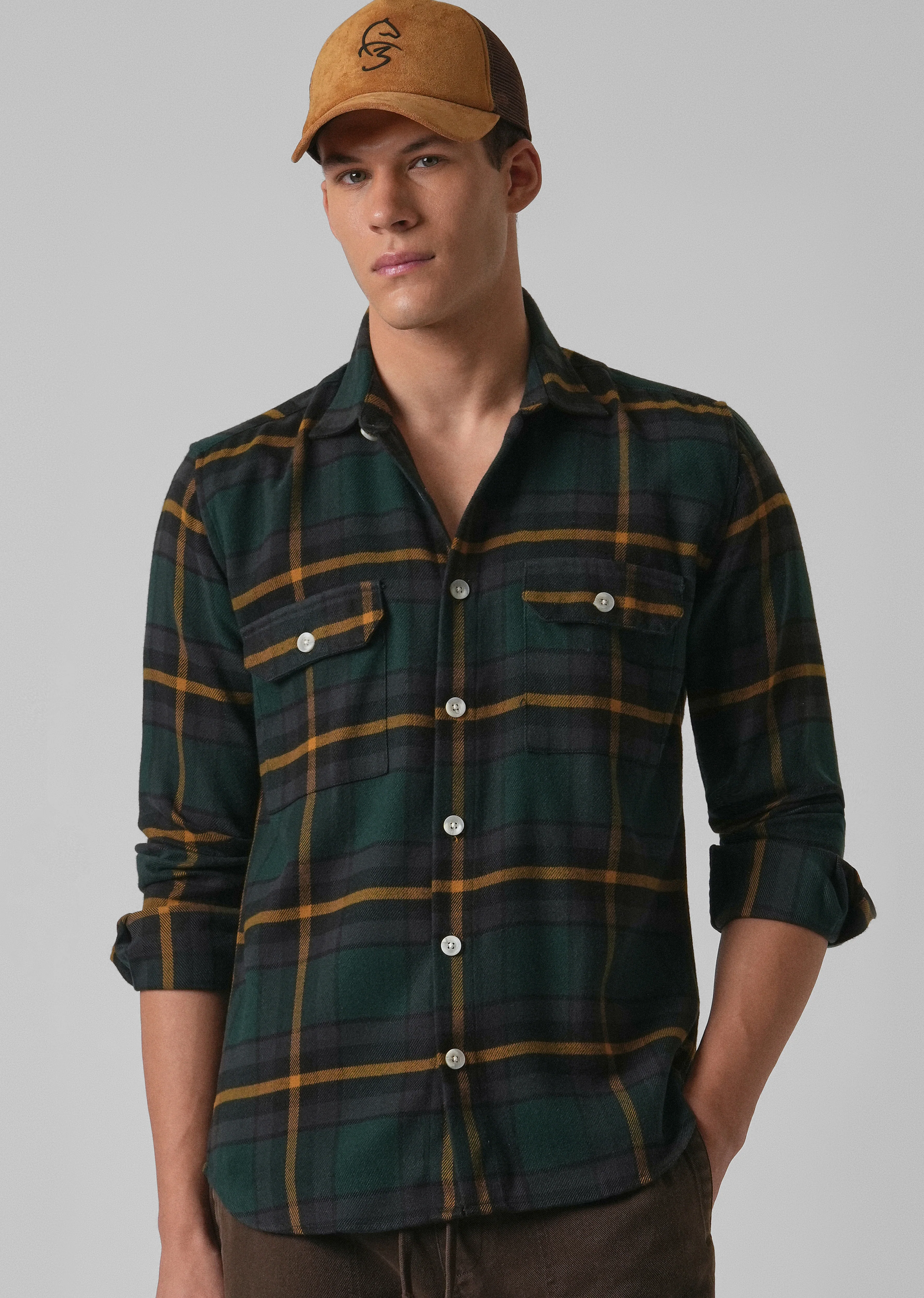 Olive Green Brushed Cotton Check Shirt - Image 7