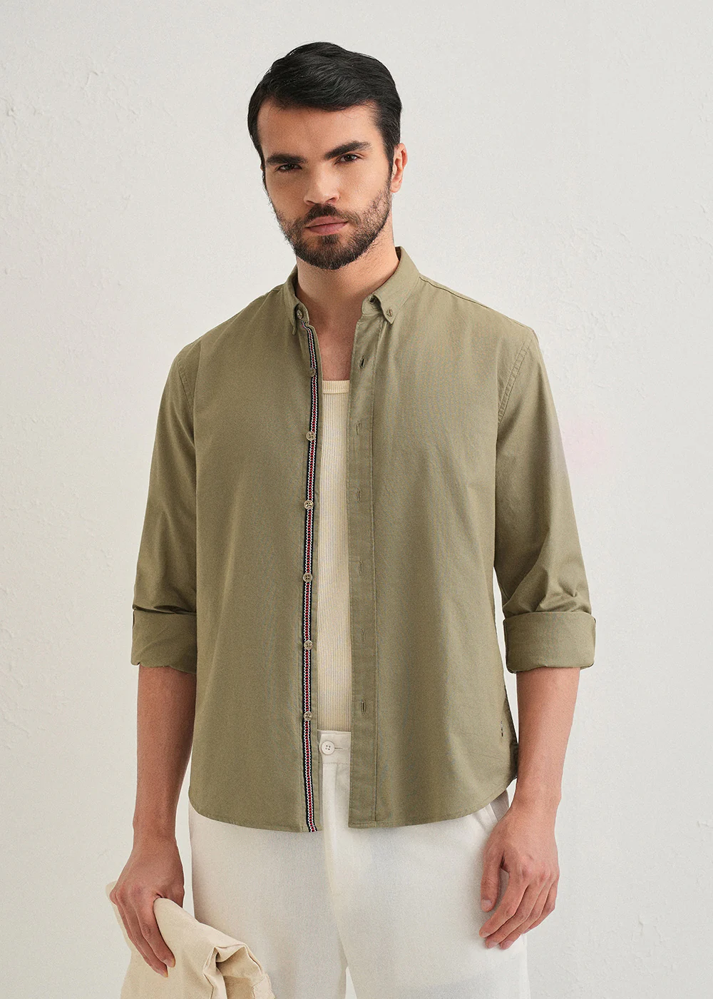 Olive Green Contrast Placket Shirt - Image 8