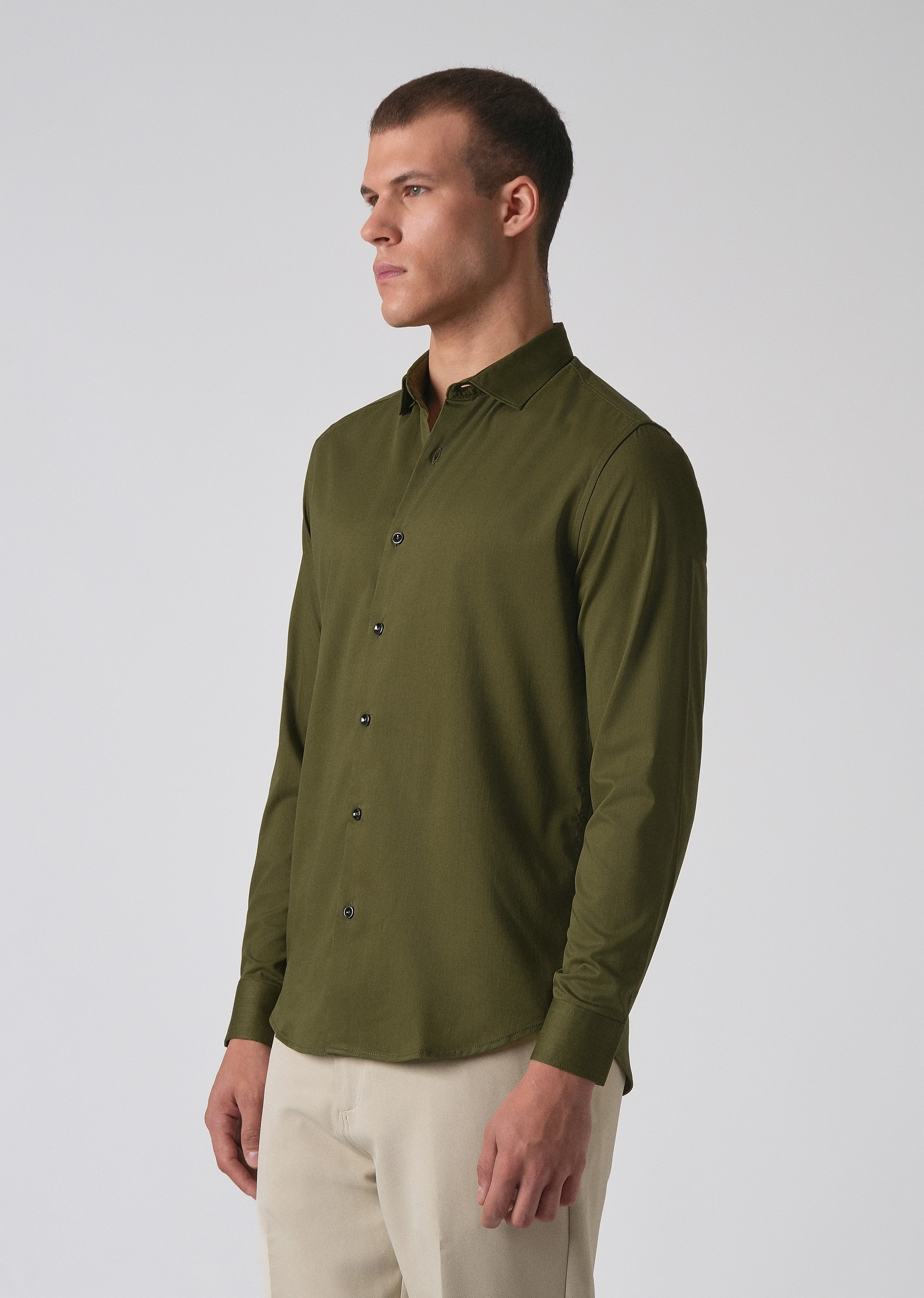 Olive Green Cotton Stretch Plain Shirt - Image 3