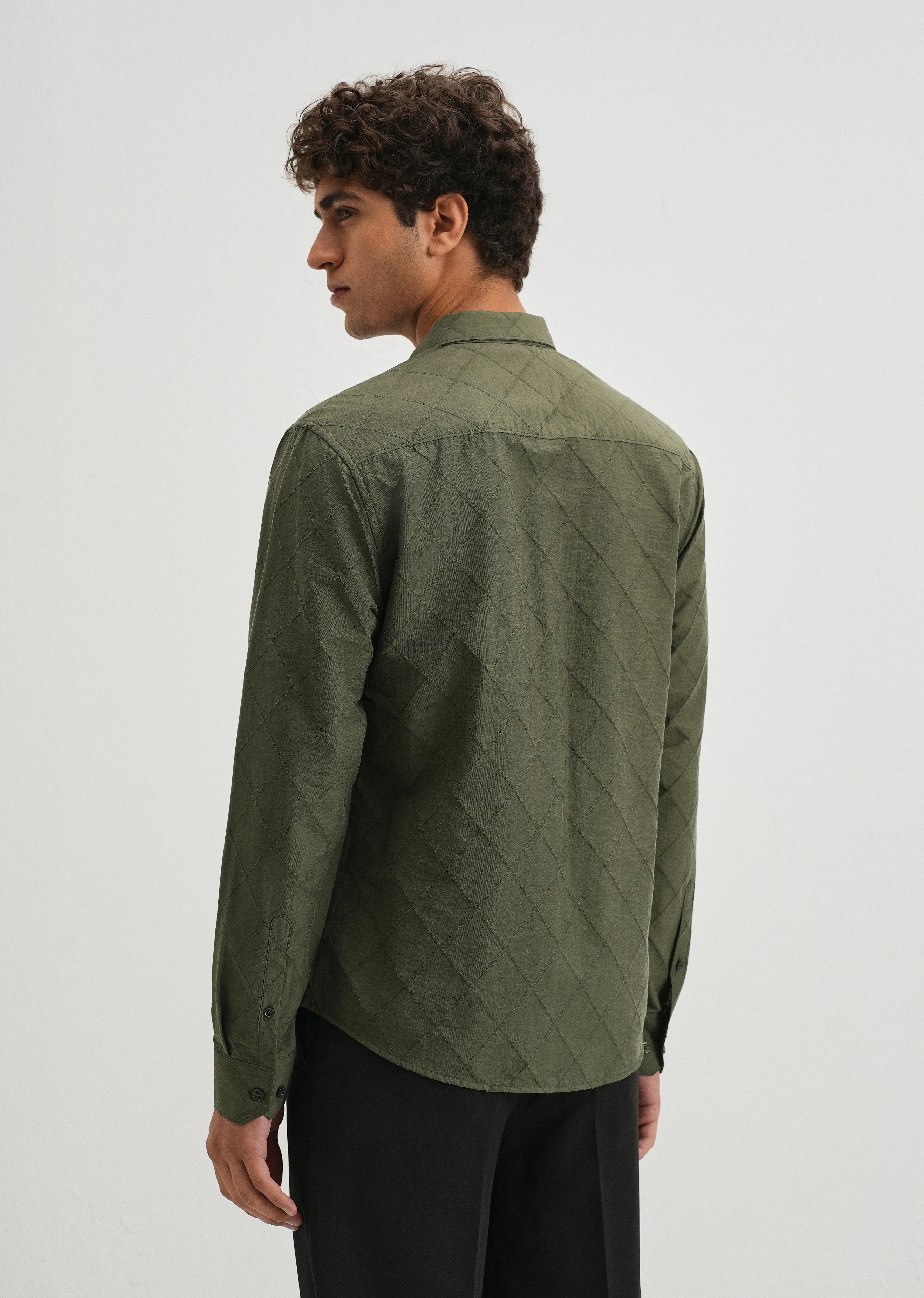 Olive Green Diamond Self Pattern Shirt - Image 2
