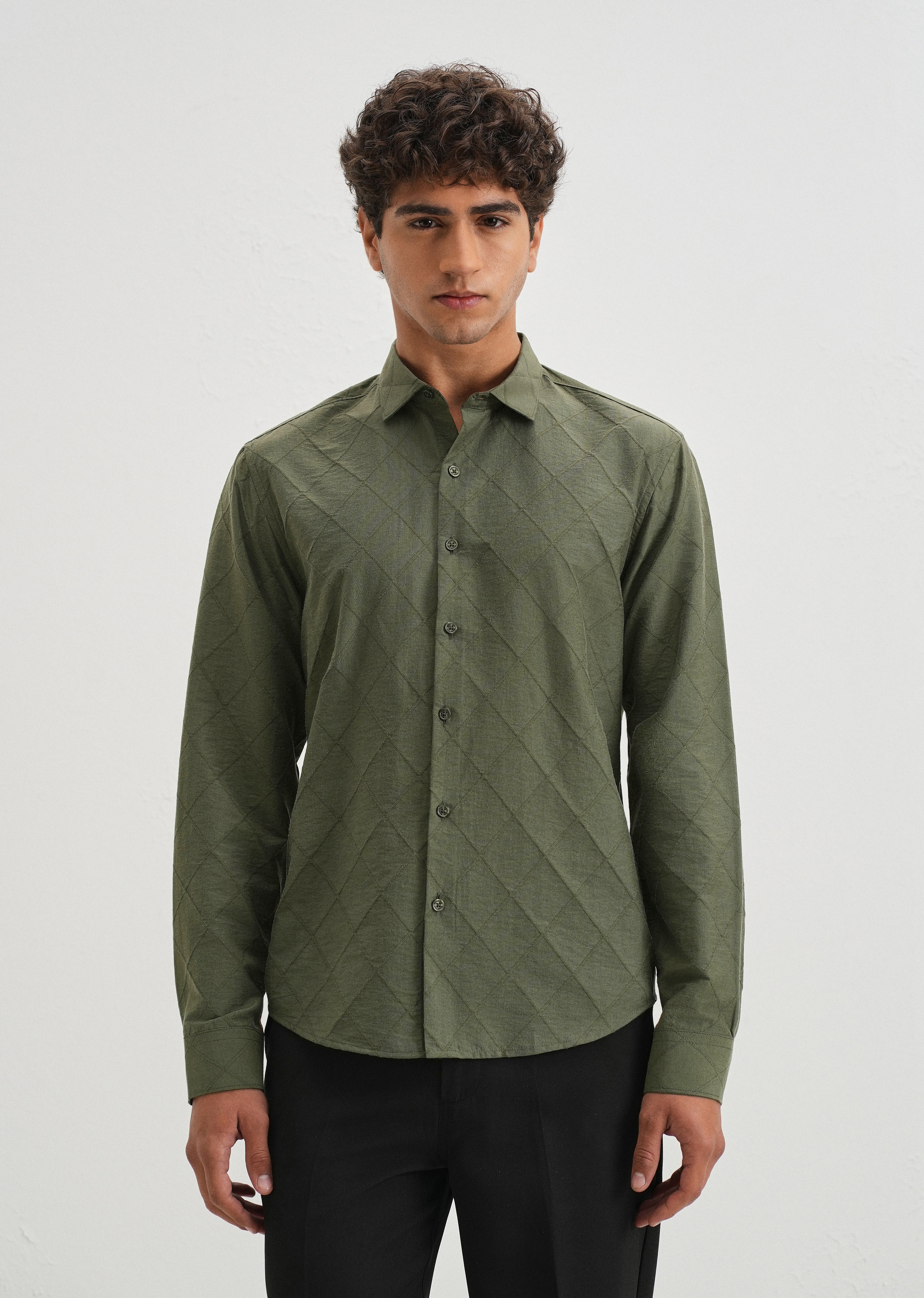 Olive Green Diamond Self Pattern Shirt - Image 3