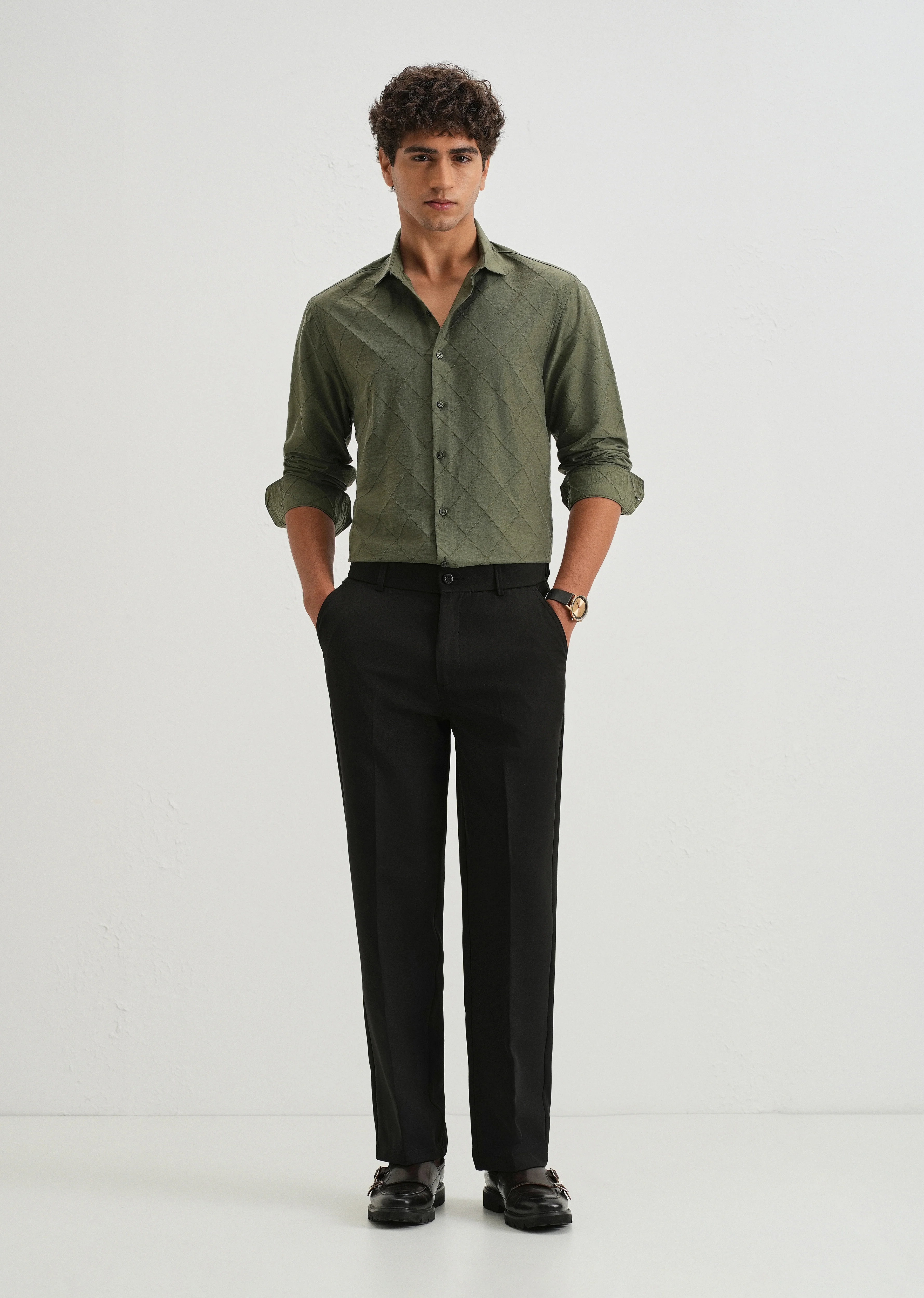 Olive Green Diamond Self Pattern Shirt - Image 6