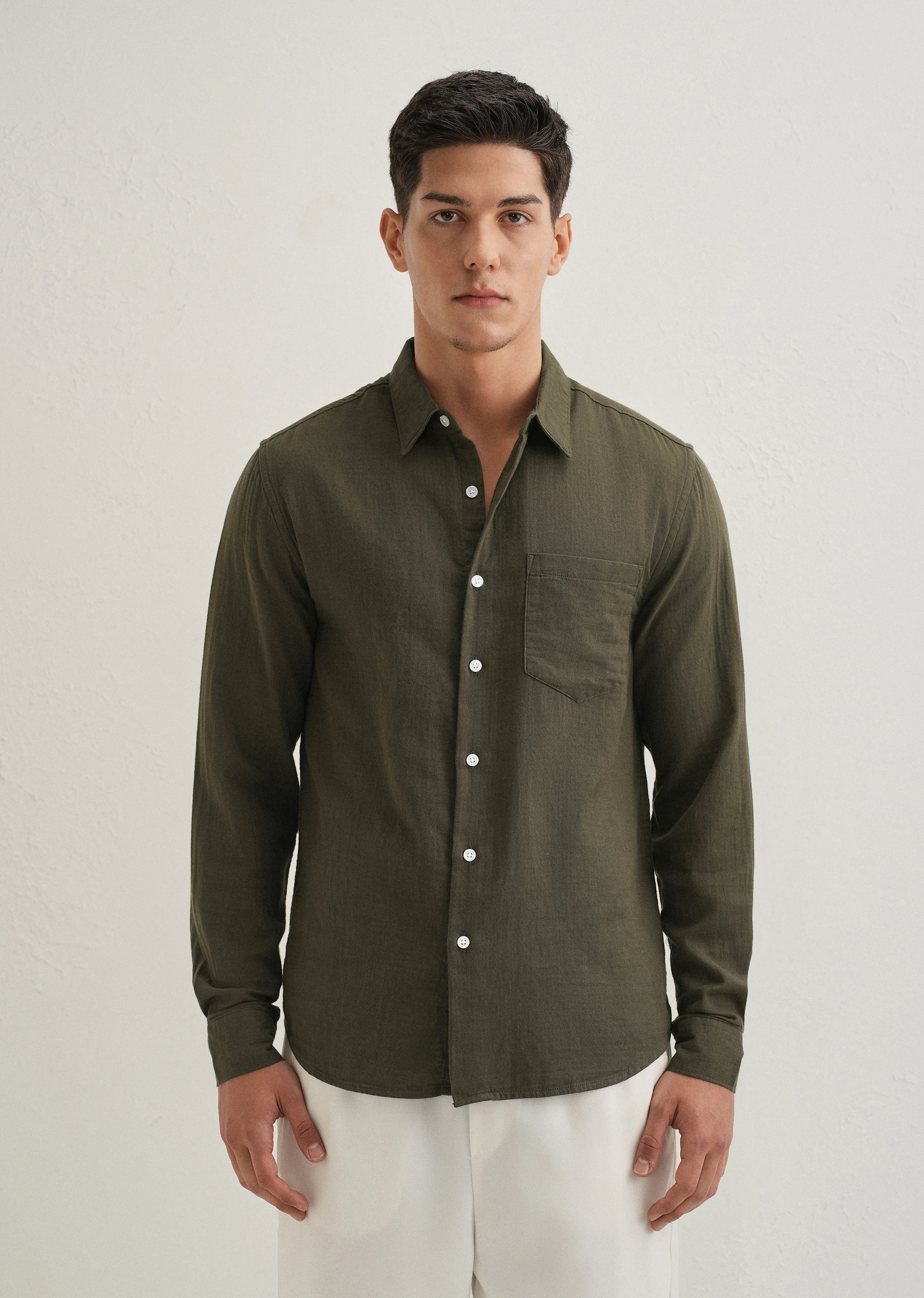 Olive Green Double Cloth Cotton Shirt - Image 3