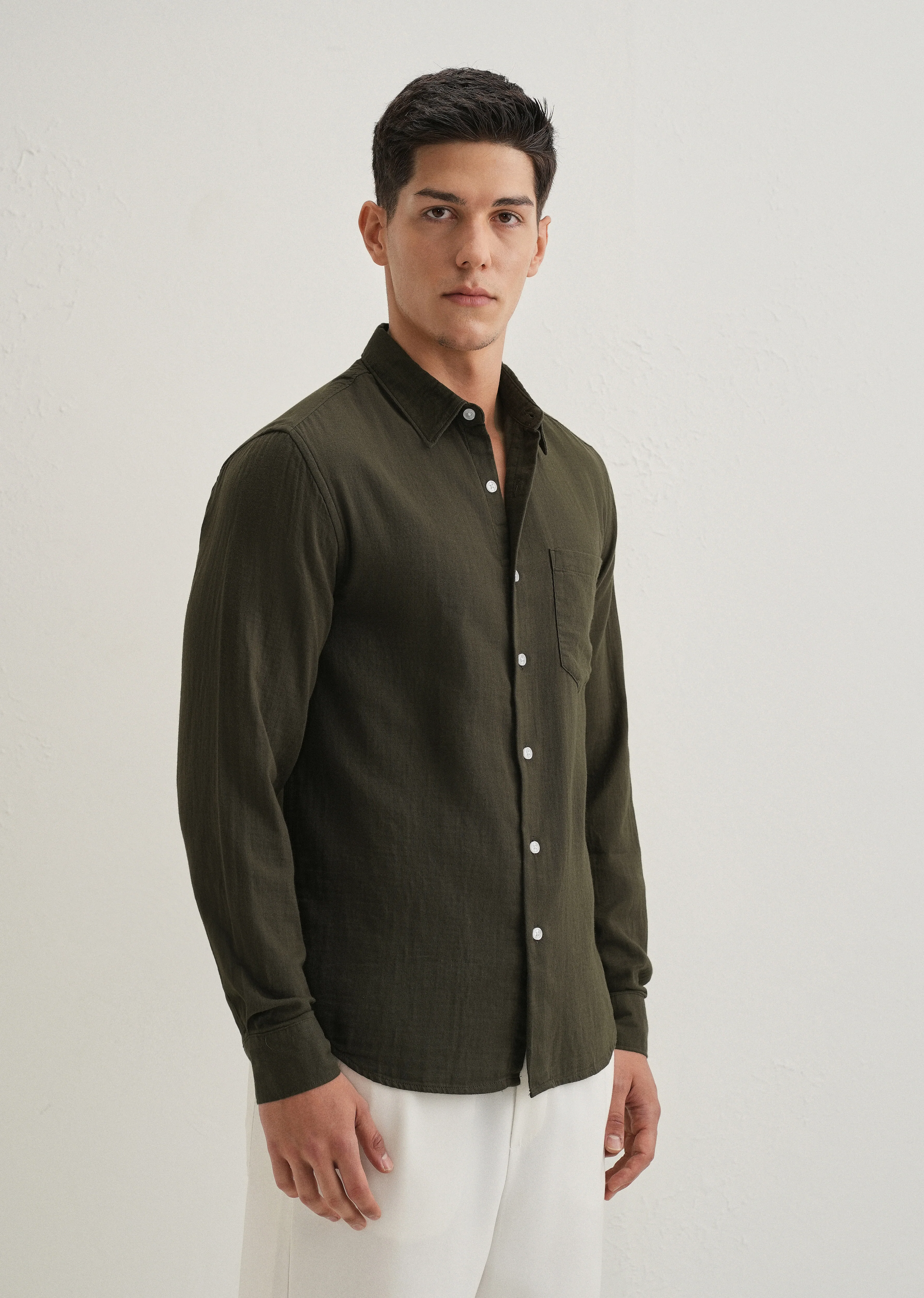 Olive Green Double Cloth Cotton Shirt - Image 4