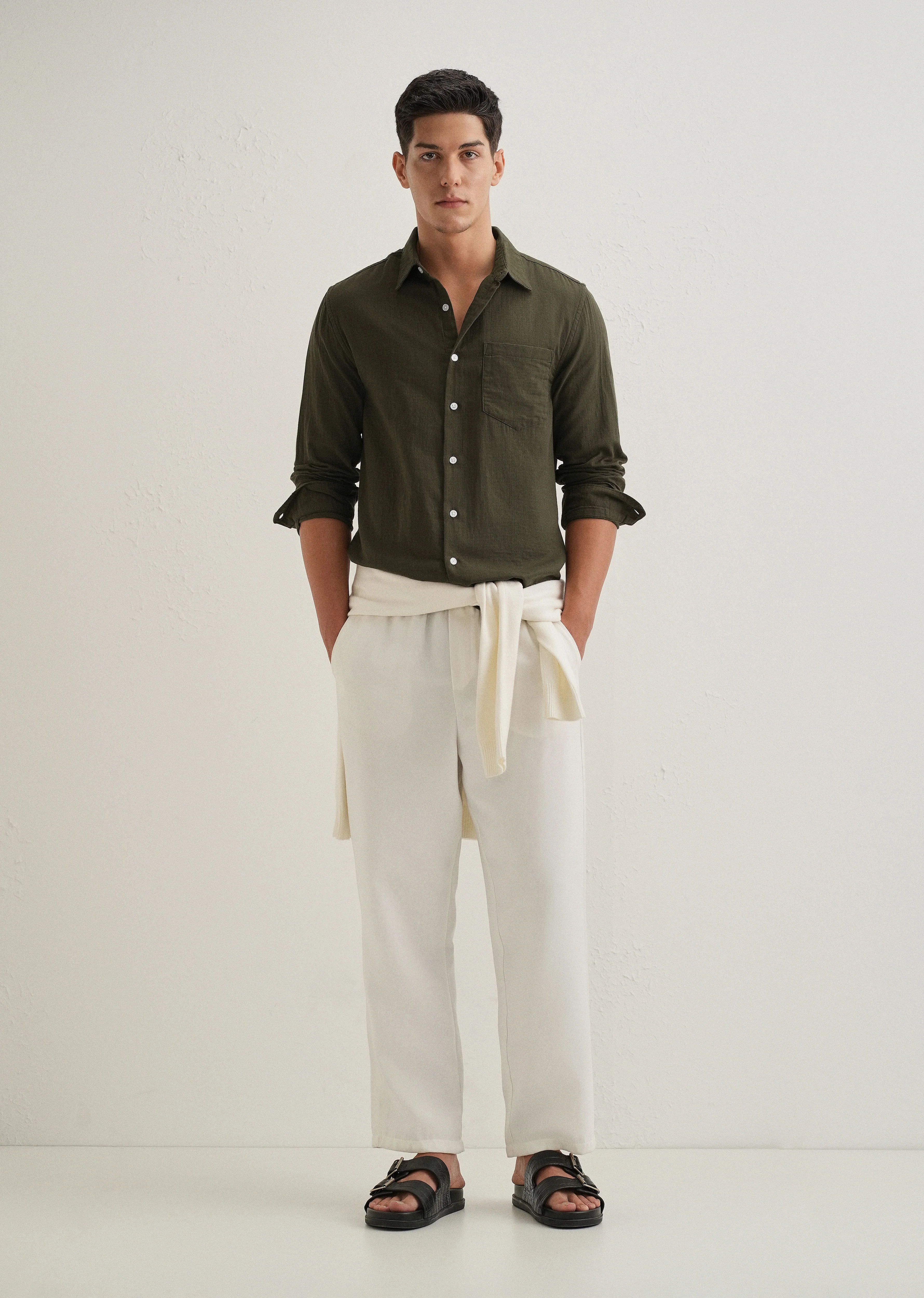 Olive Green Double Cloth Cotton Shirt - Image 6