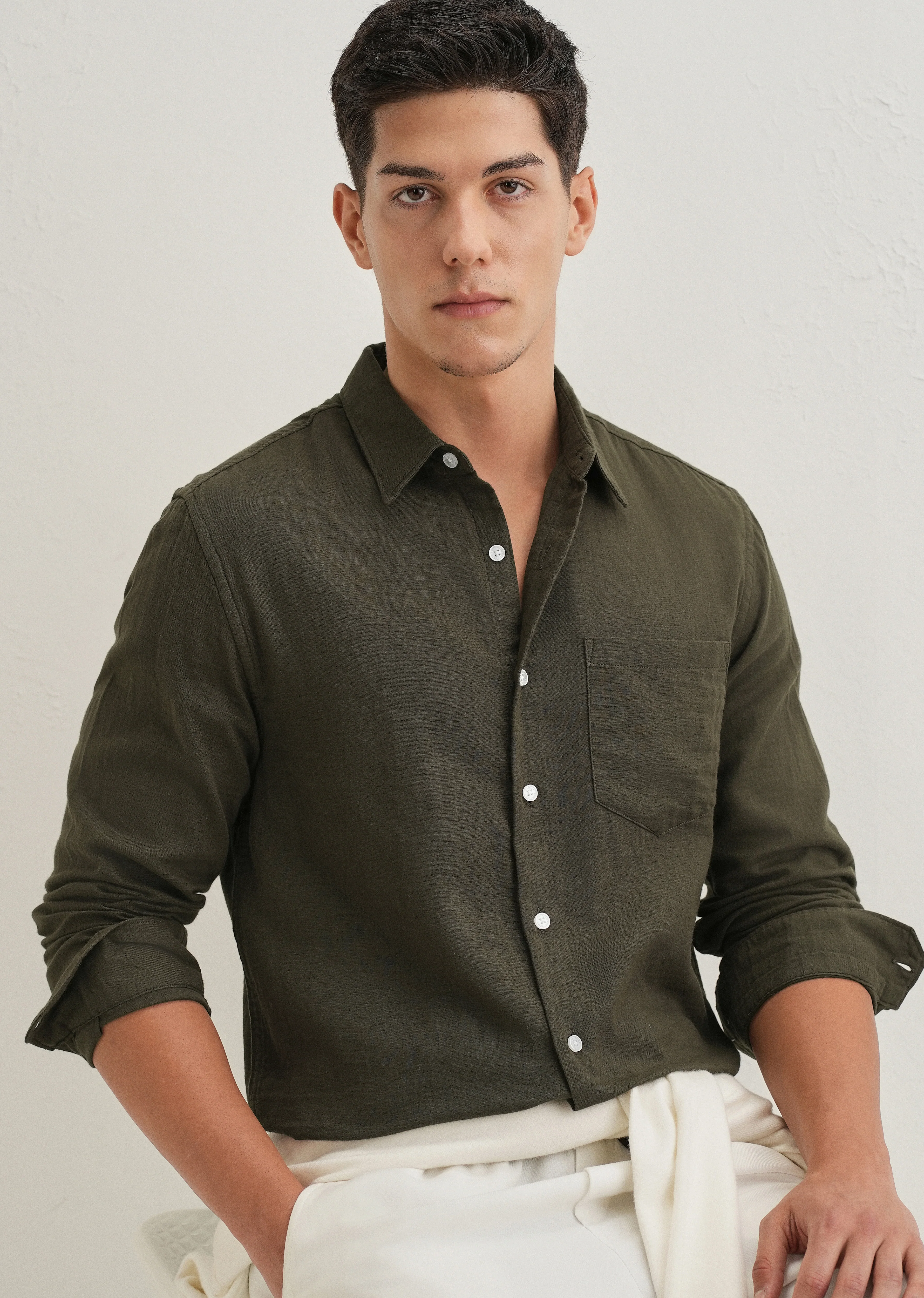 Olive Green Double Cloth Cotton Shirt - Image 7
