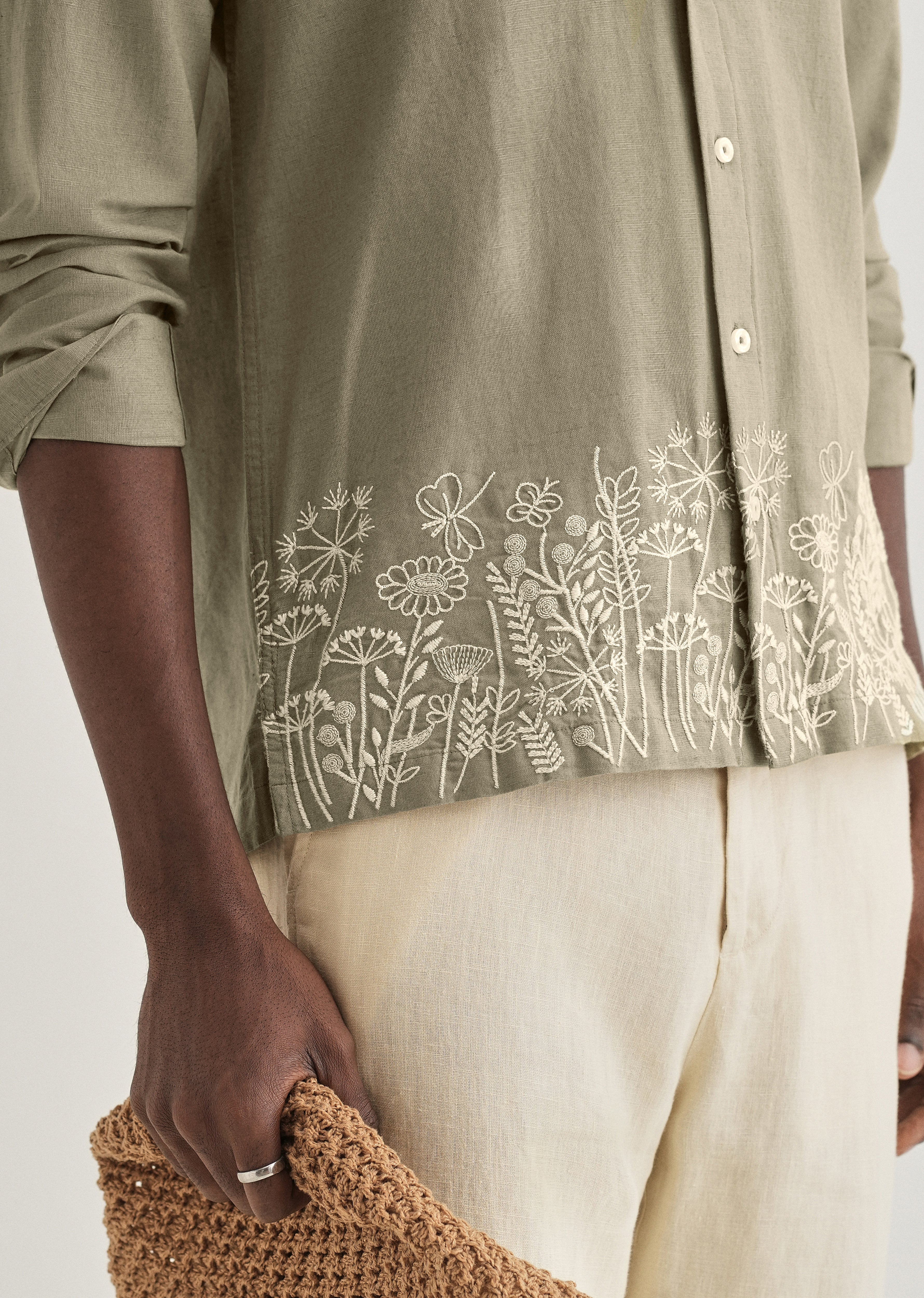 Olive Green Embroidered Cotton Linen Shirt - Image 2