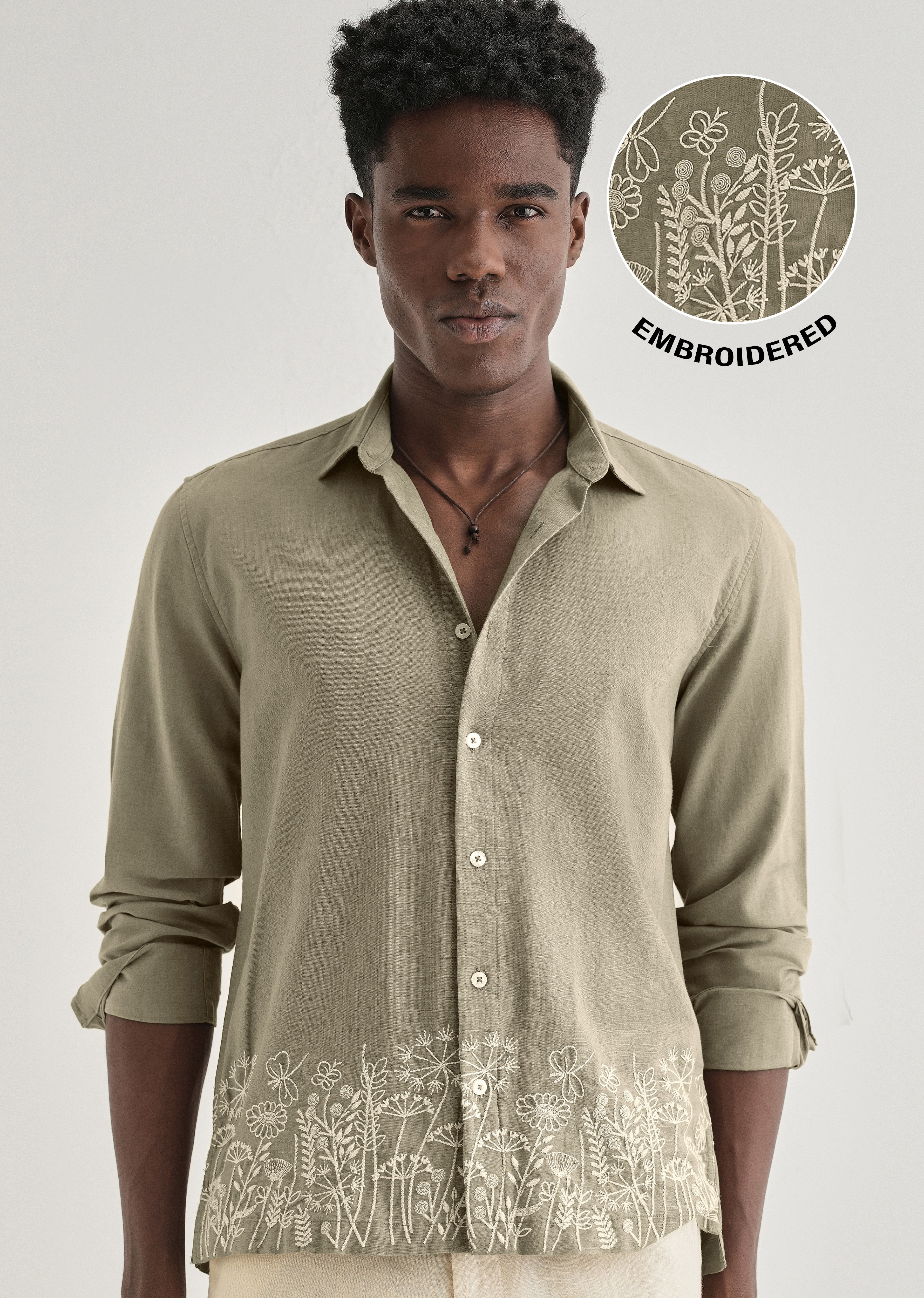 Olive Green Embroidered Cotton Linen Shirt - Image 7