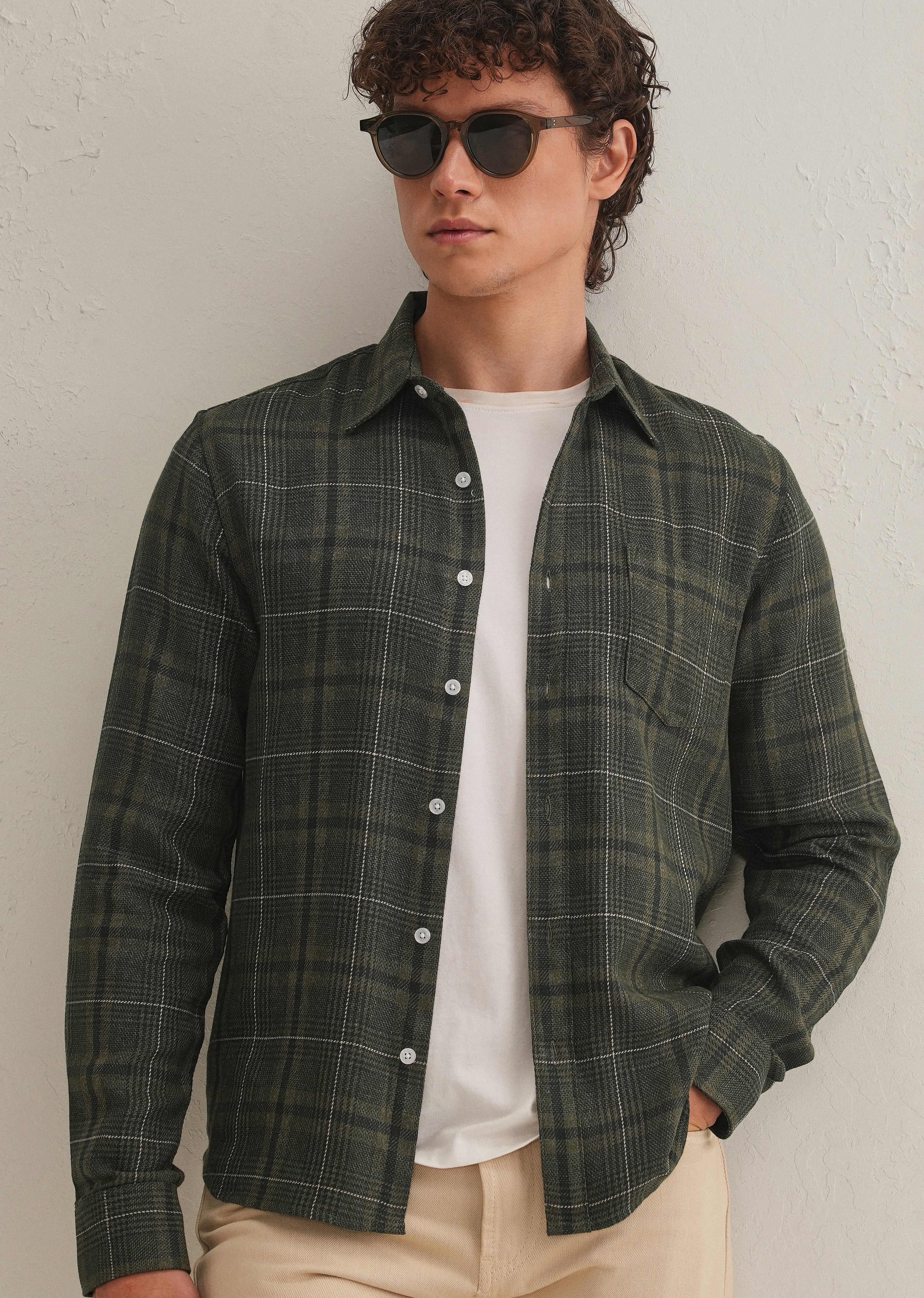 Olive Green Glen Plaid Check Shirt - Image 2