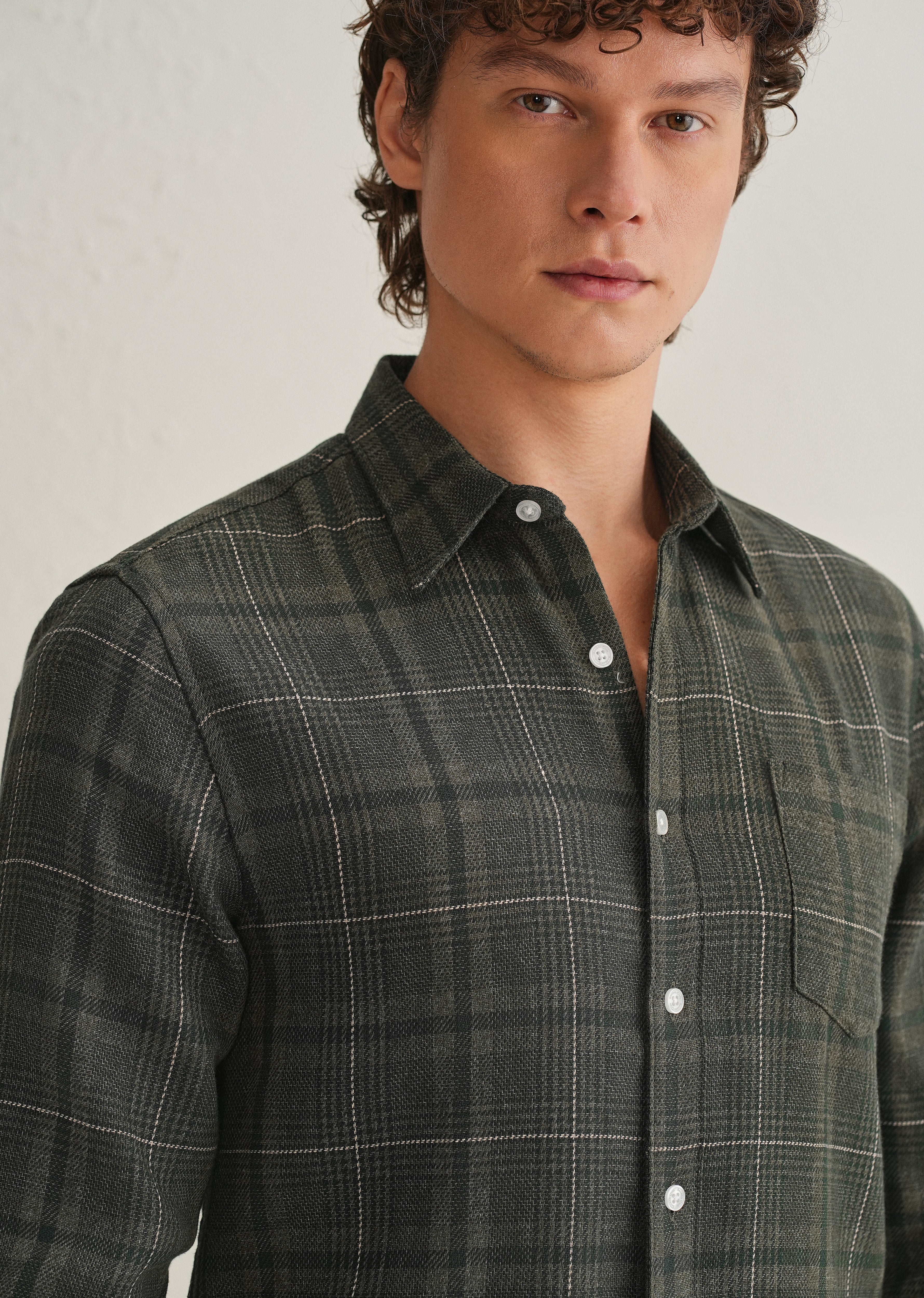 Olive Green Glen Plaid Check Shirt - Image 4