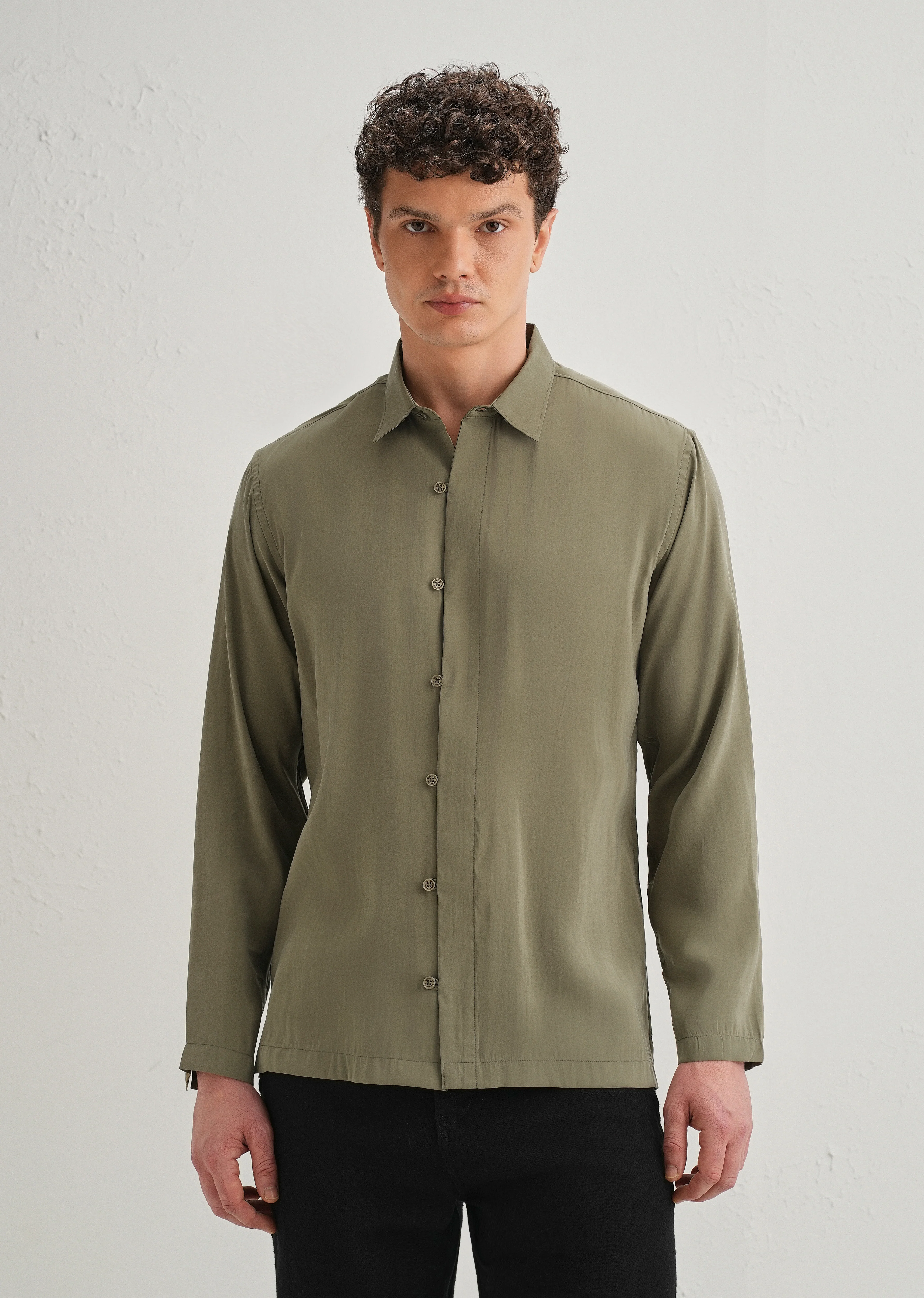 Olive Green Loop Button-Down Plain Shirt - Image 3