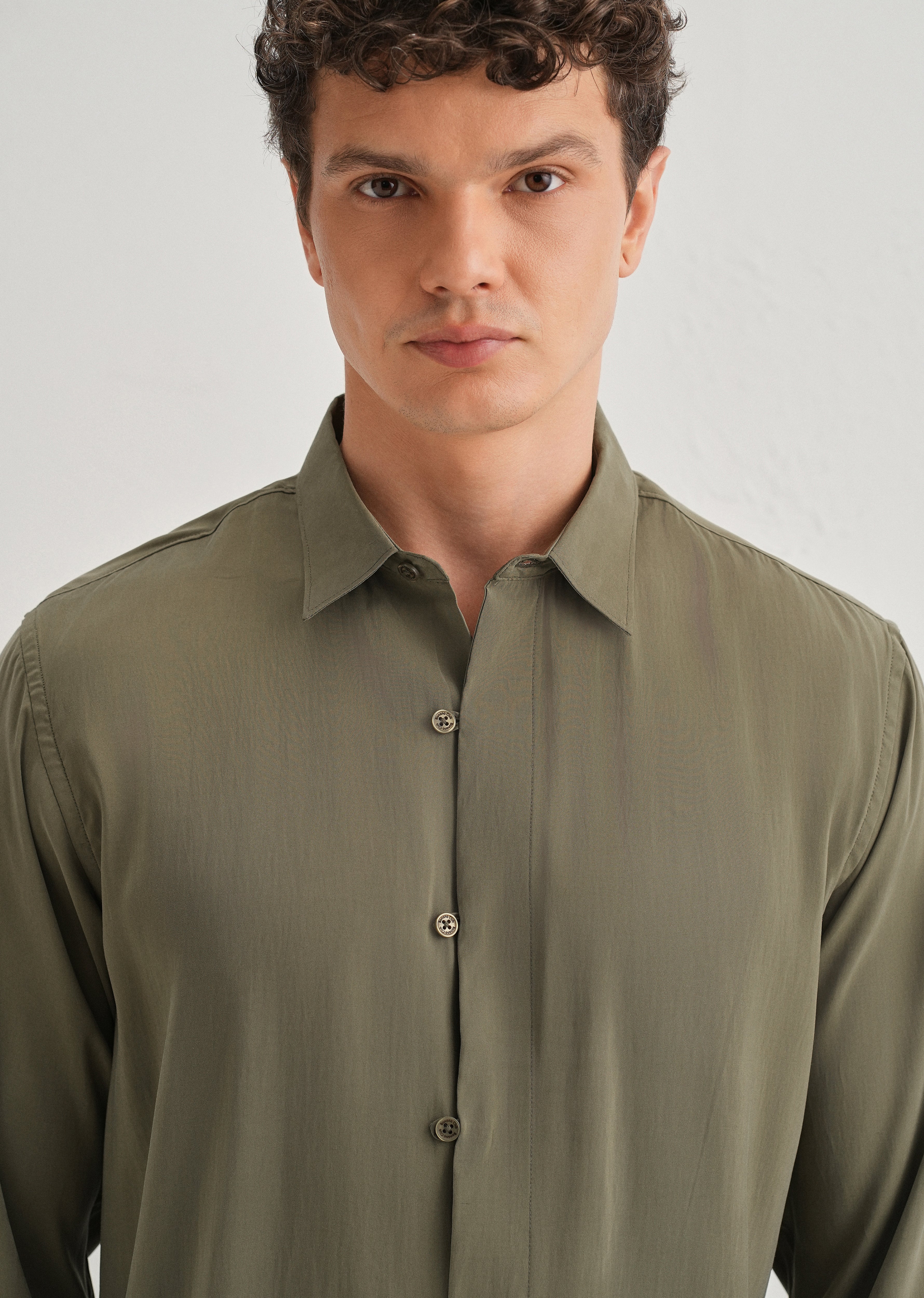 Olive Green Loop Button-Down Plain Shirt - Image 6