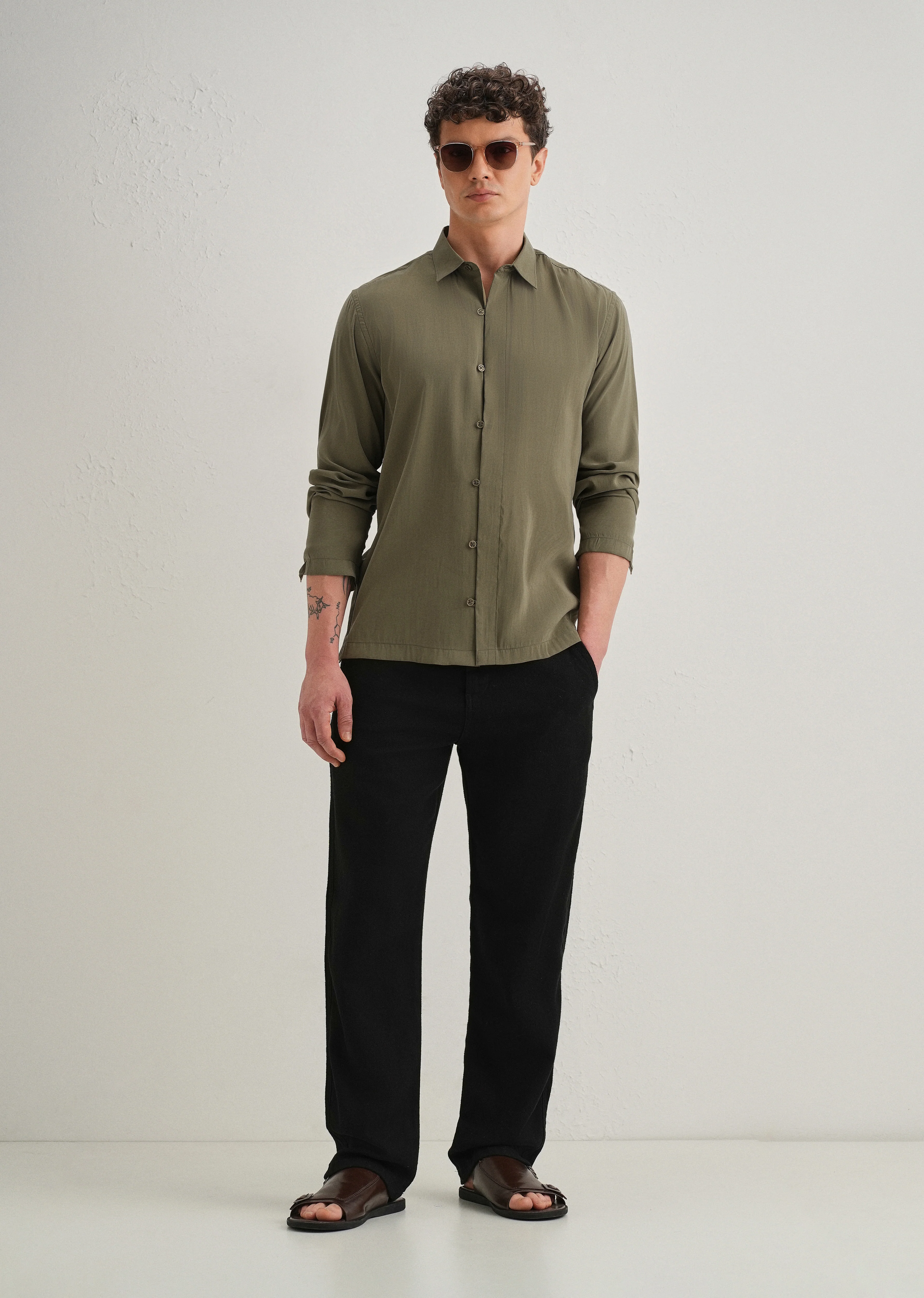 Olive Green Loop Button-Down Plain Shirt - Image 7