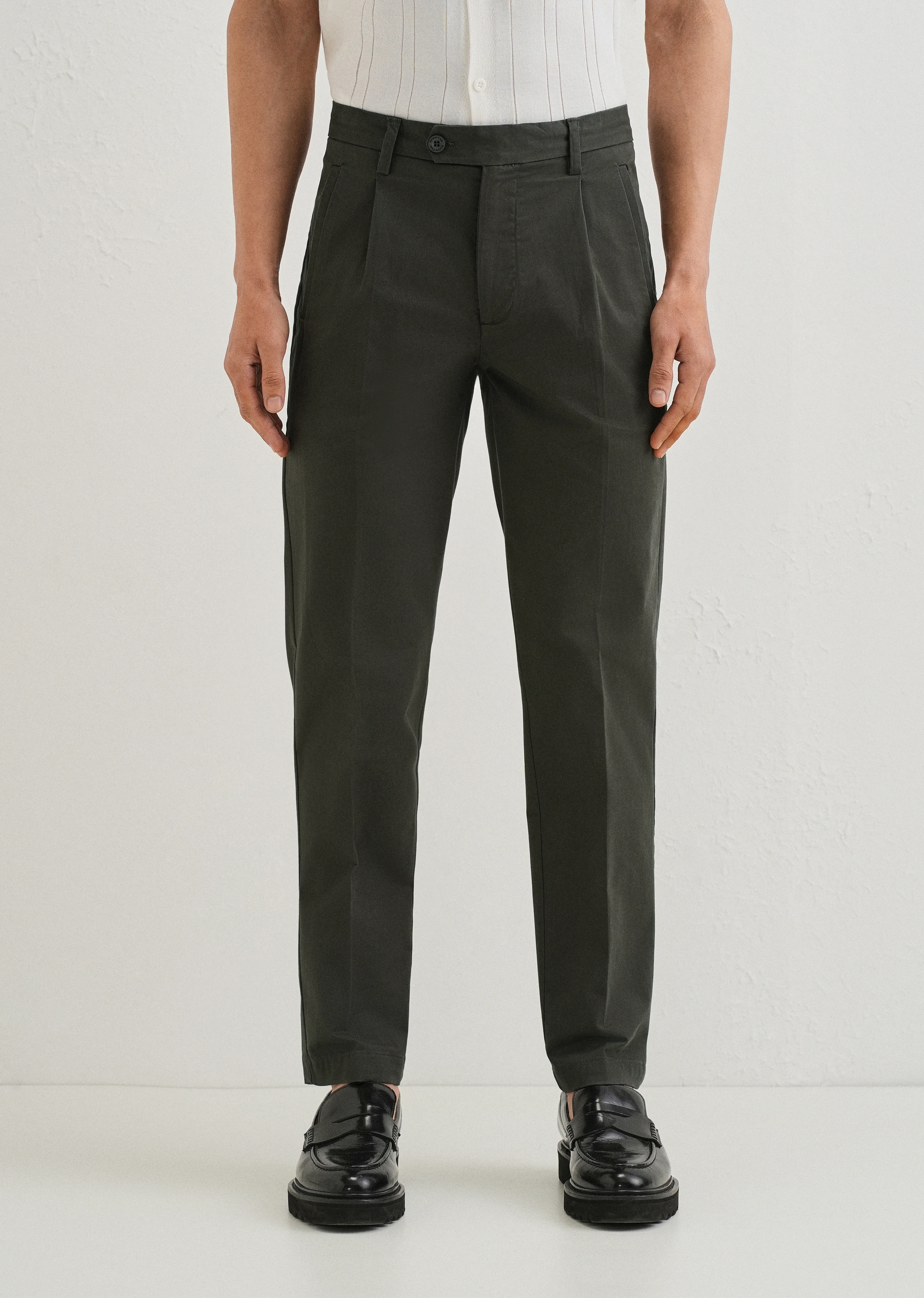 Olive Green Plain Pleated Chinos - Image 3