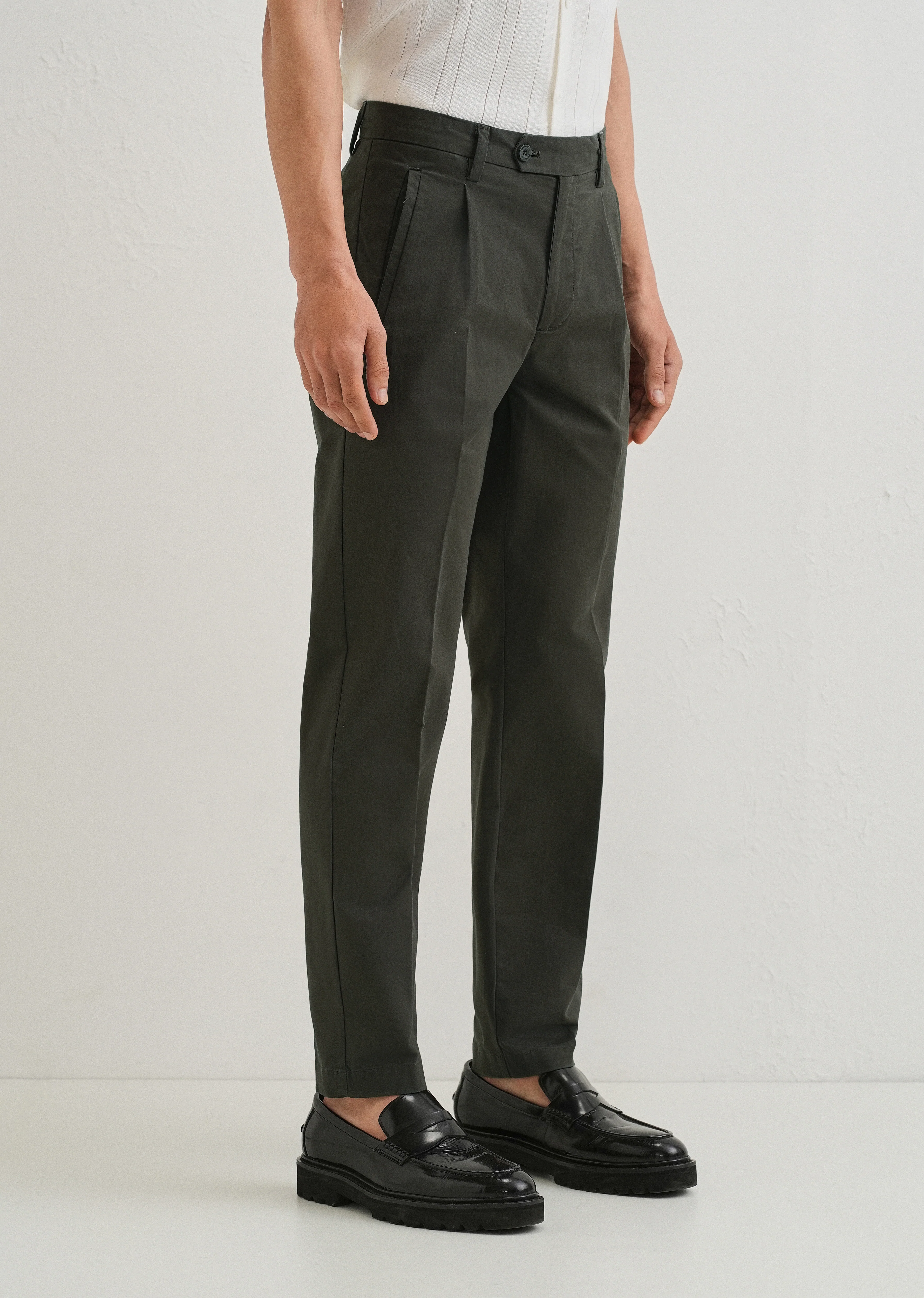 Olive Green Plain Pleated Chinos - Image 4