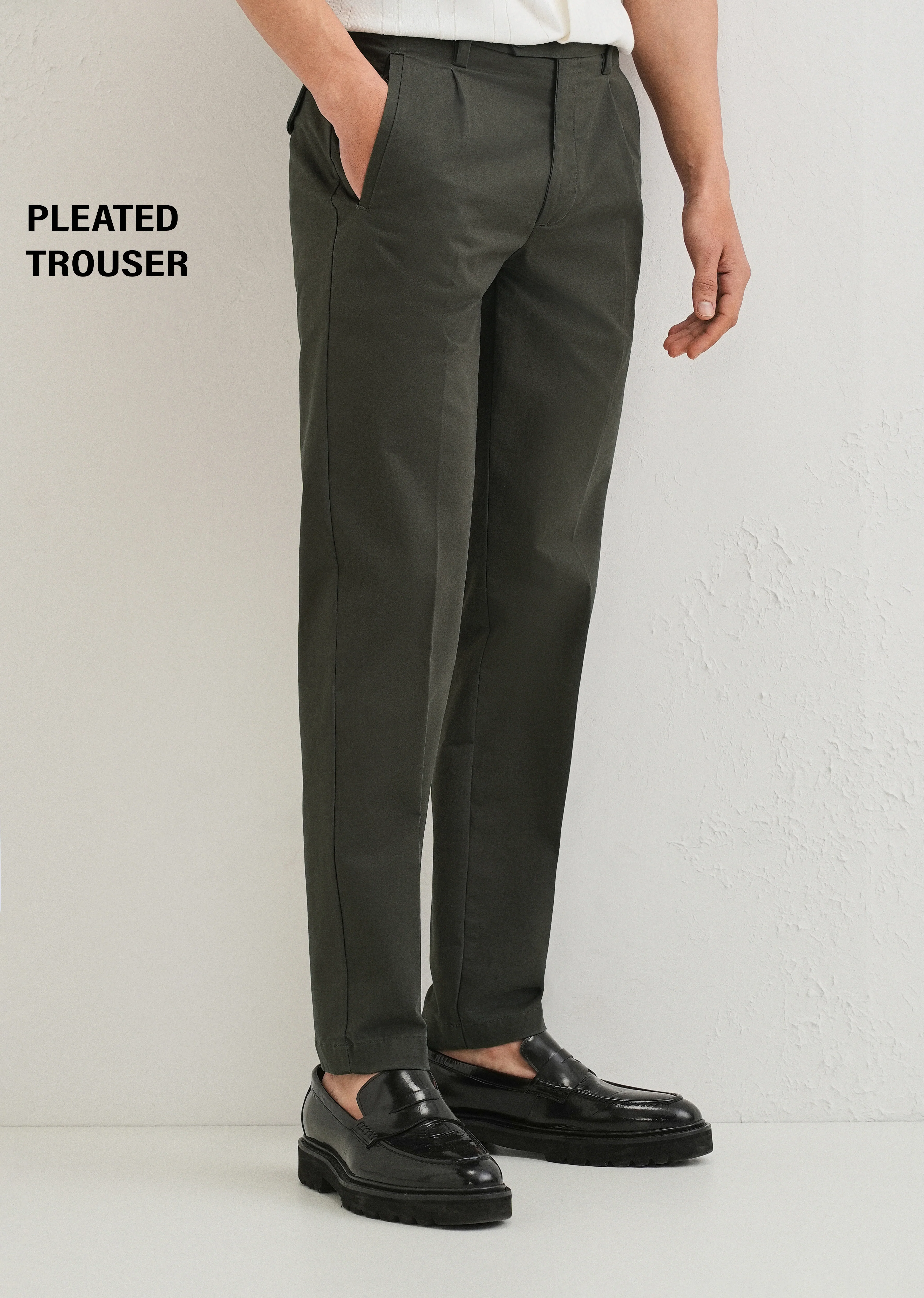 Olive Green Plain Pleated Chinos - Image 7