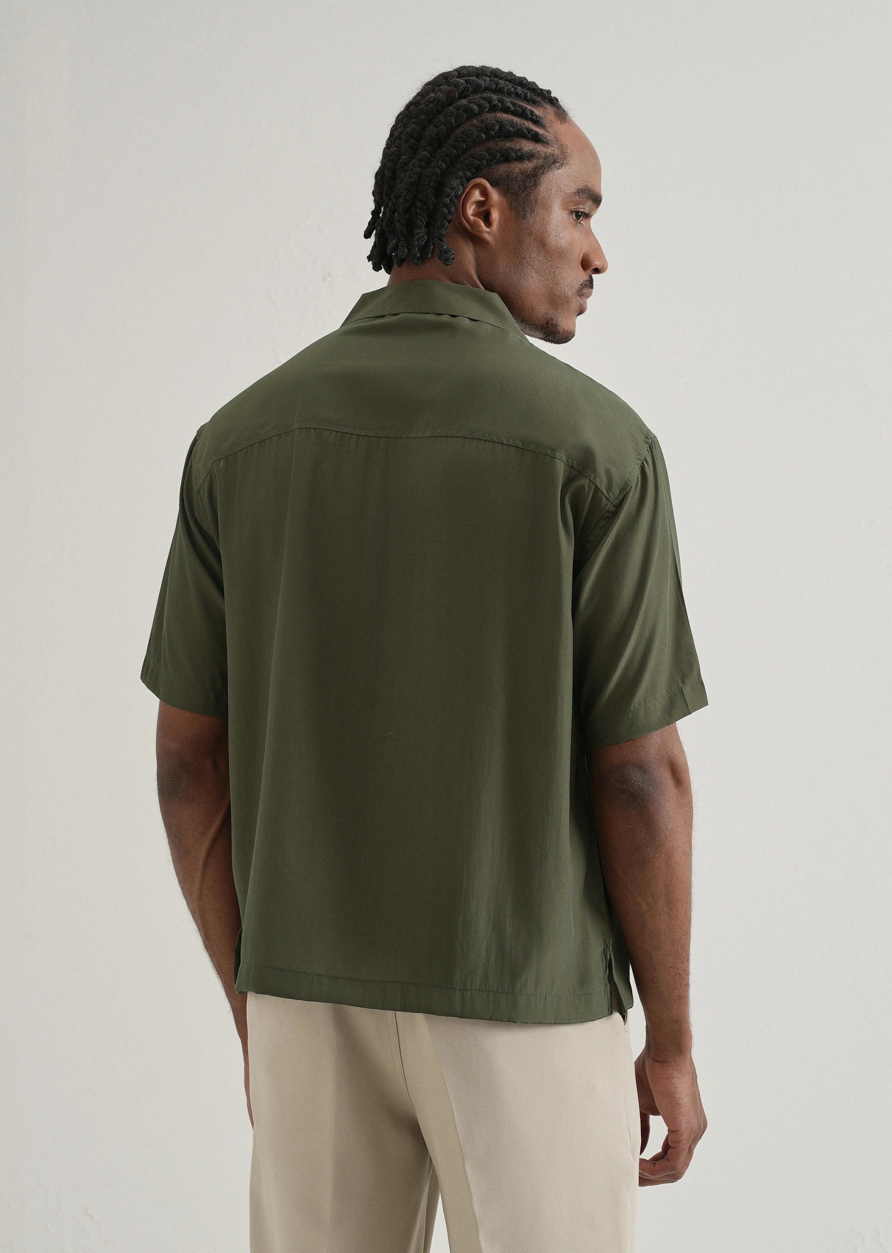 Olive Green Plain Sheen Cuban Collar Shirt - Image 2