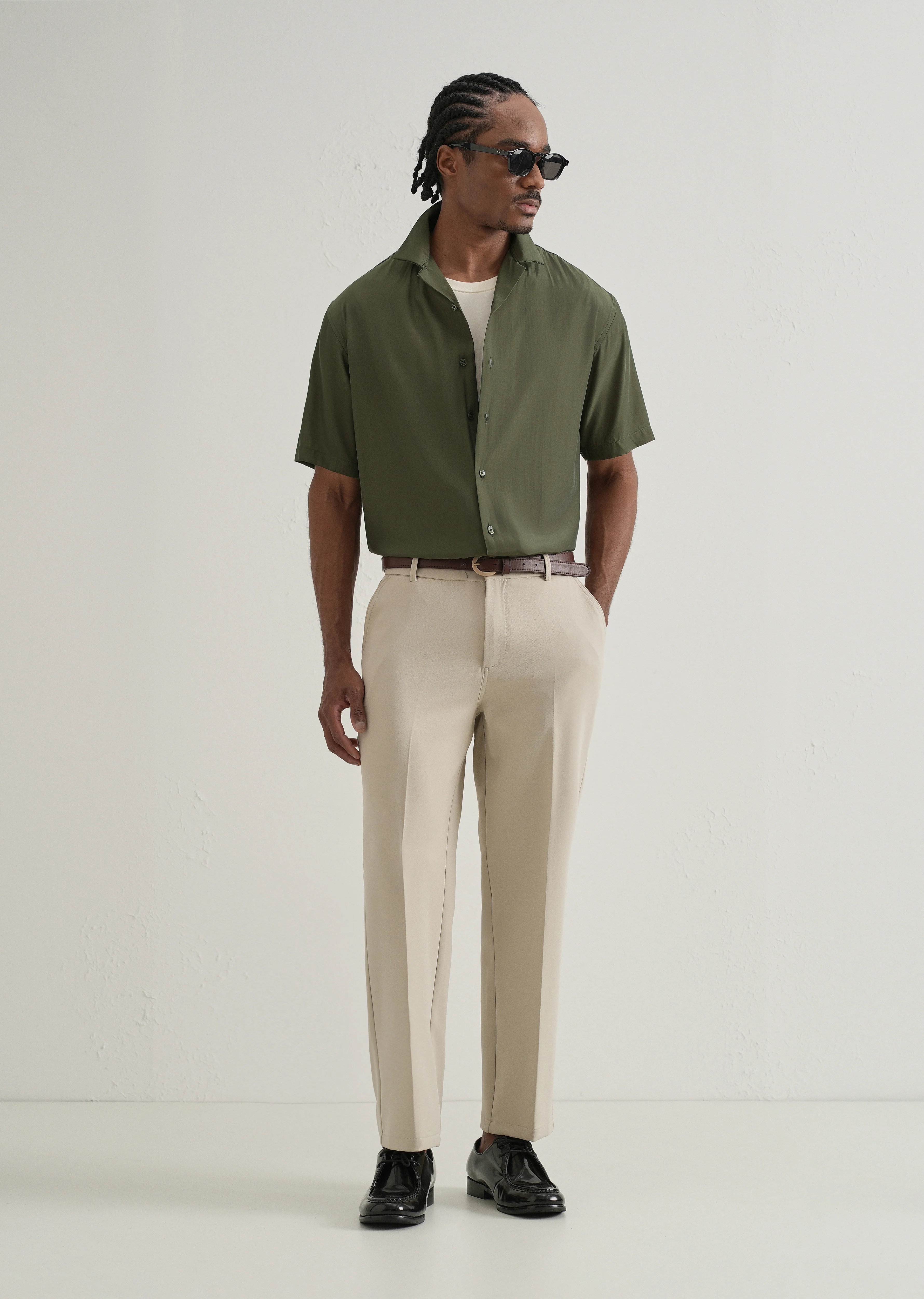 Olive Green Plain Sheen Cuban Collar Shirt - Image 6