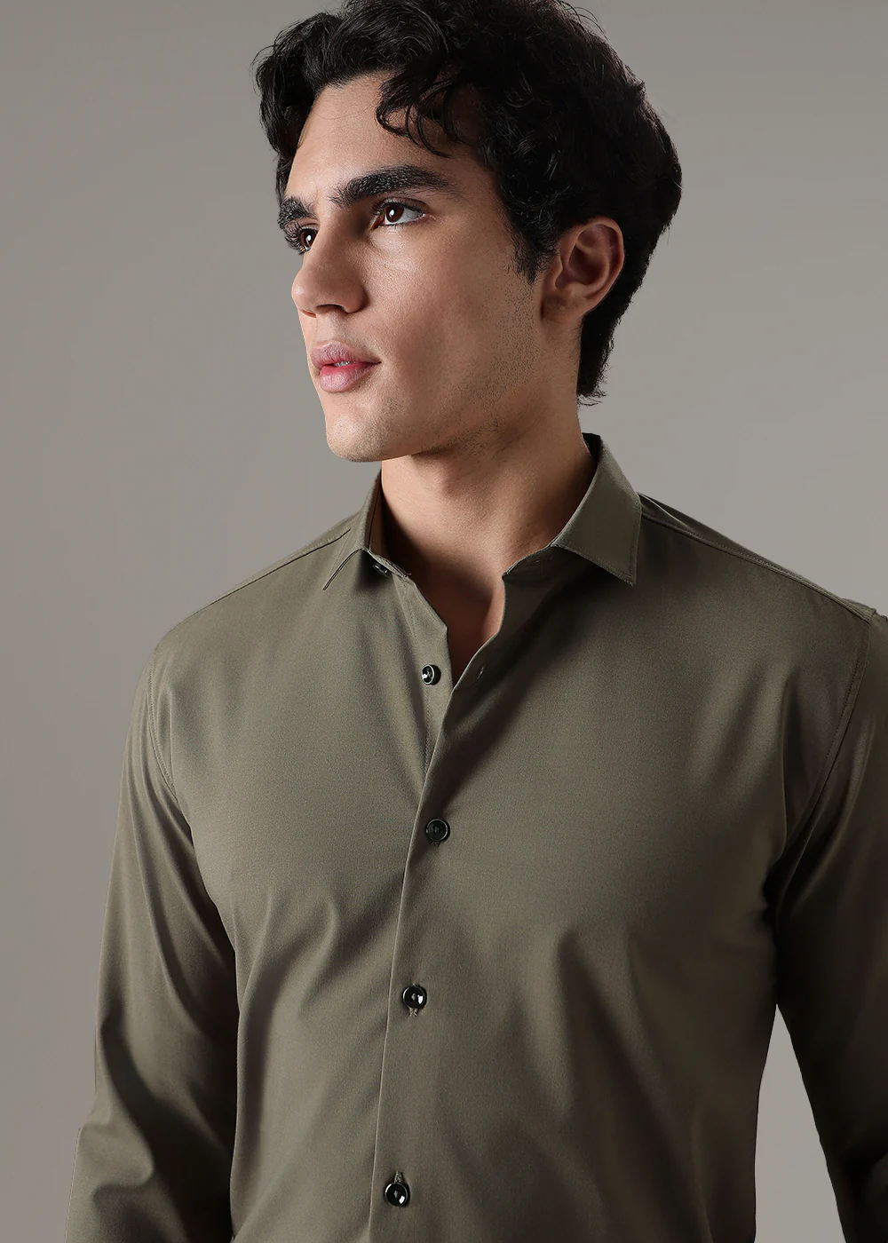 Olive Green Plain Wrinkle Free Shirt - Image 2