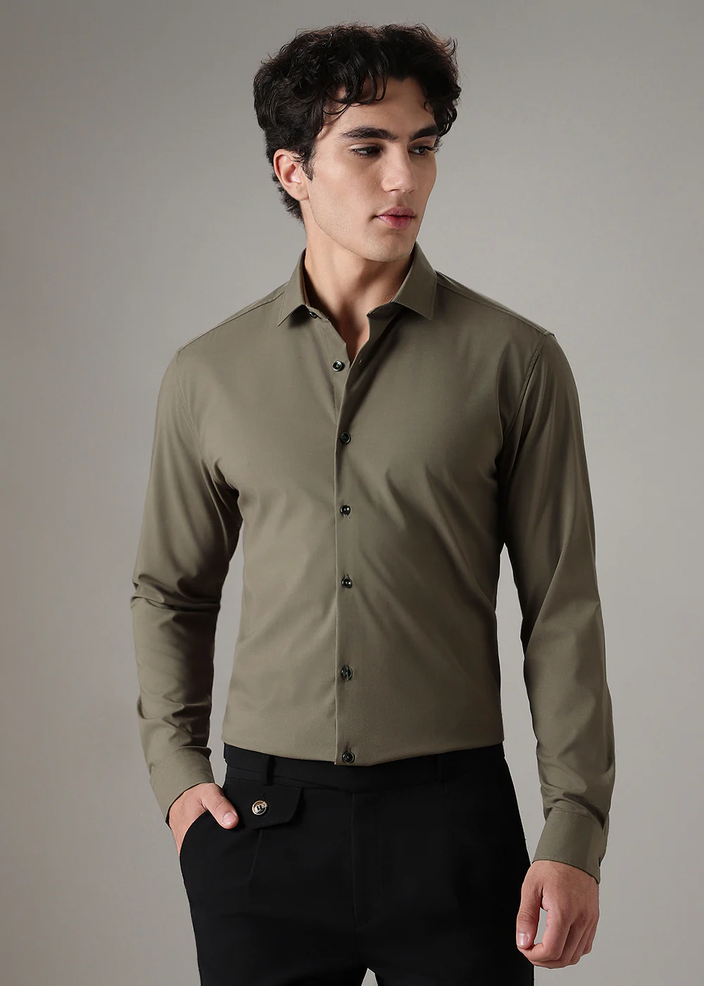 Olive Green Plain Wrinkle Free Shirt - Image 3