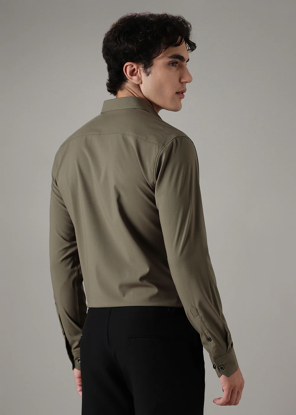 Olive Green Plain Wrinkle Free Shirt - Image 4