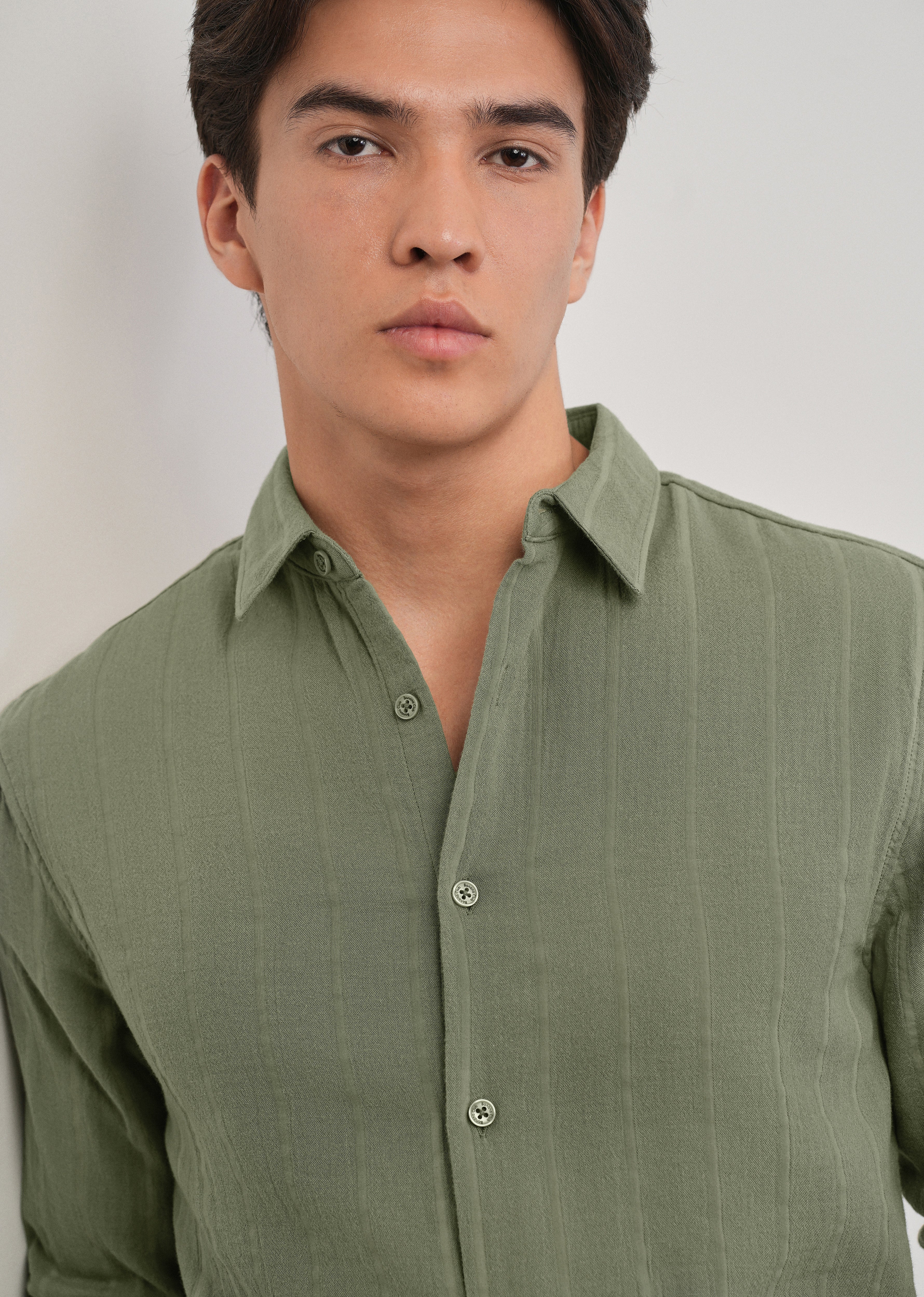 Olive Green Self Striped Cotton Shirt - Image 5