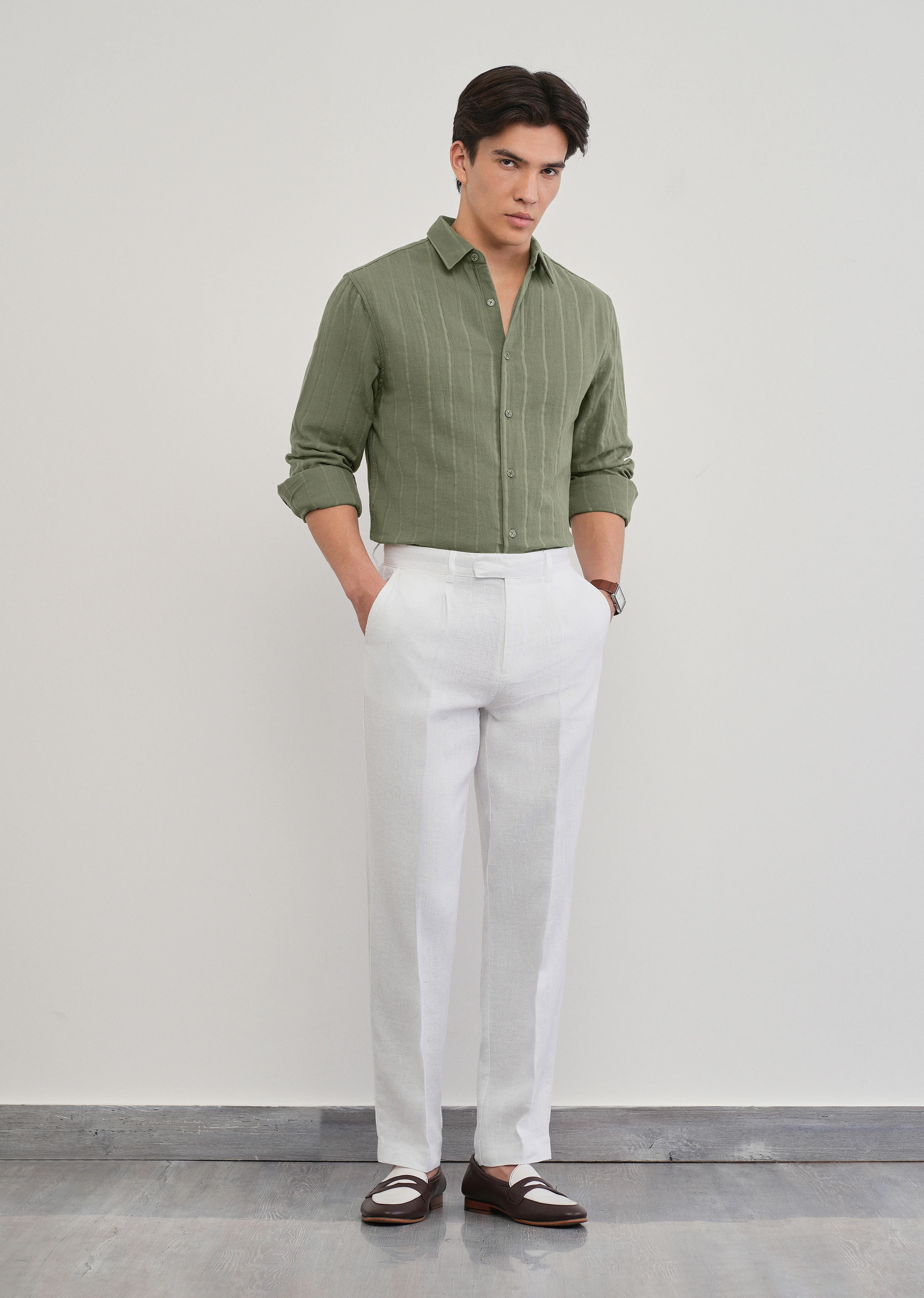 Olive Green Self Striped Cotton Shirt - Image 6