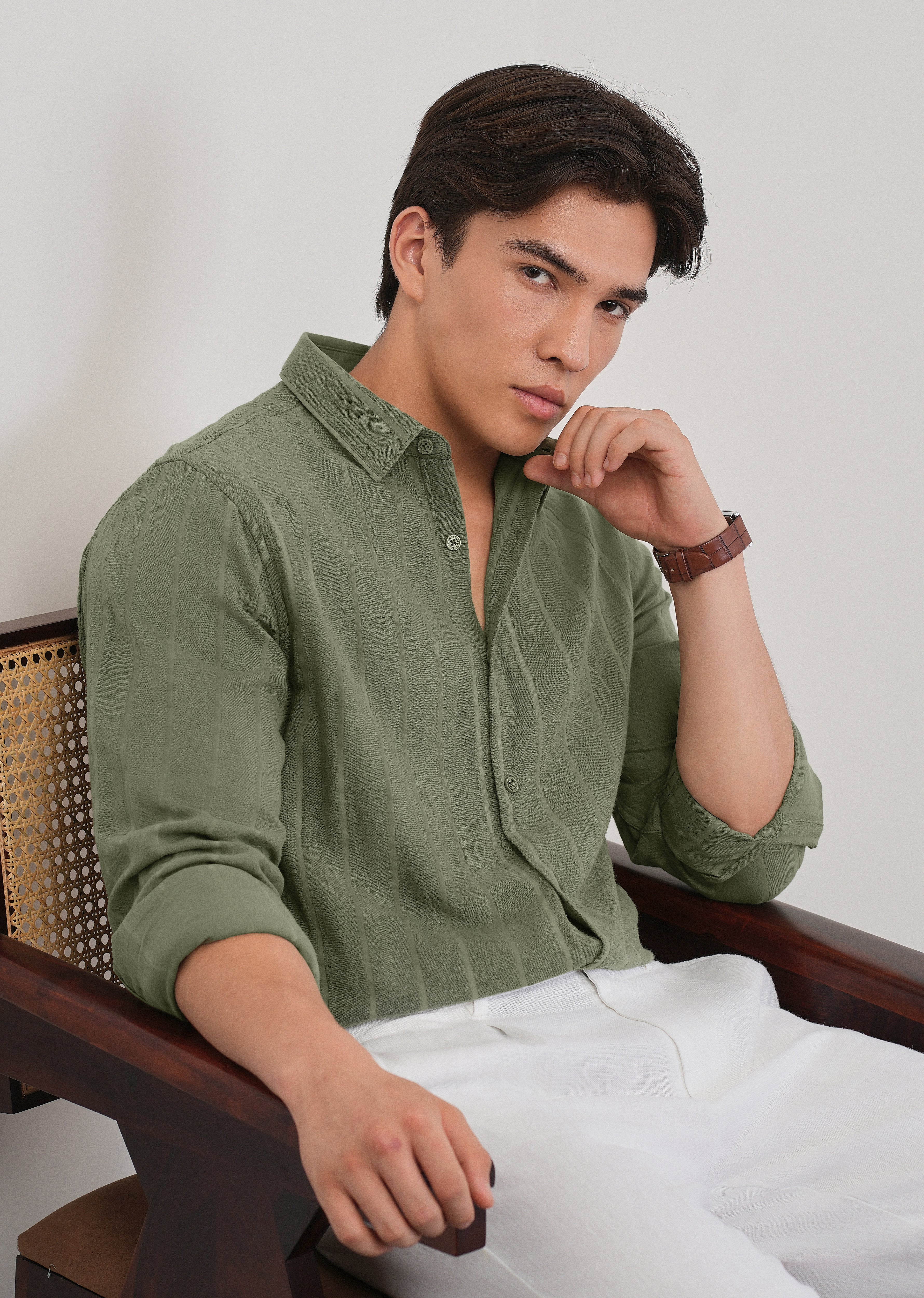 Olive Green Self Striped Cotton Shirt - Image 7