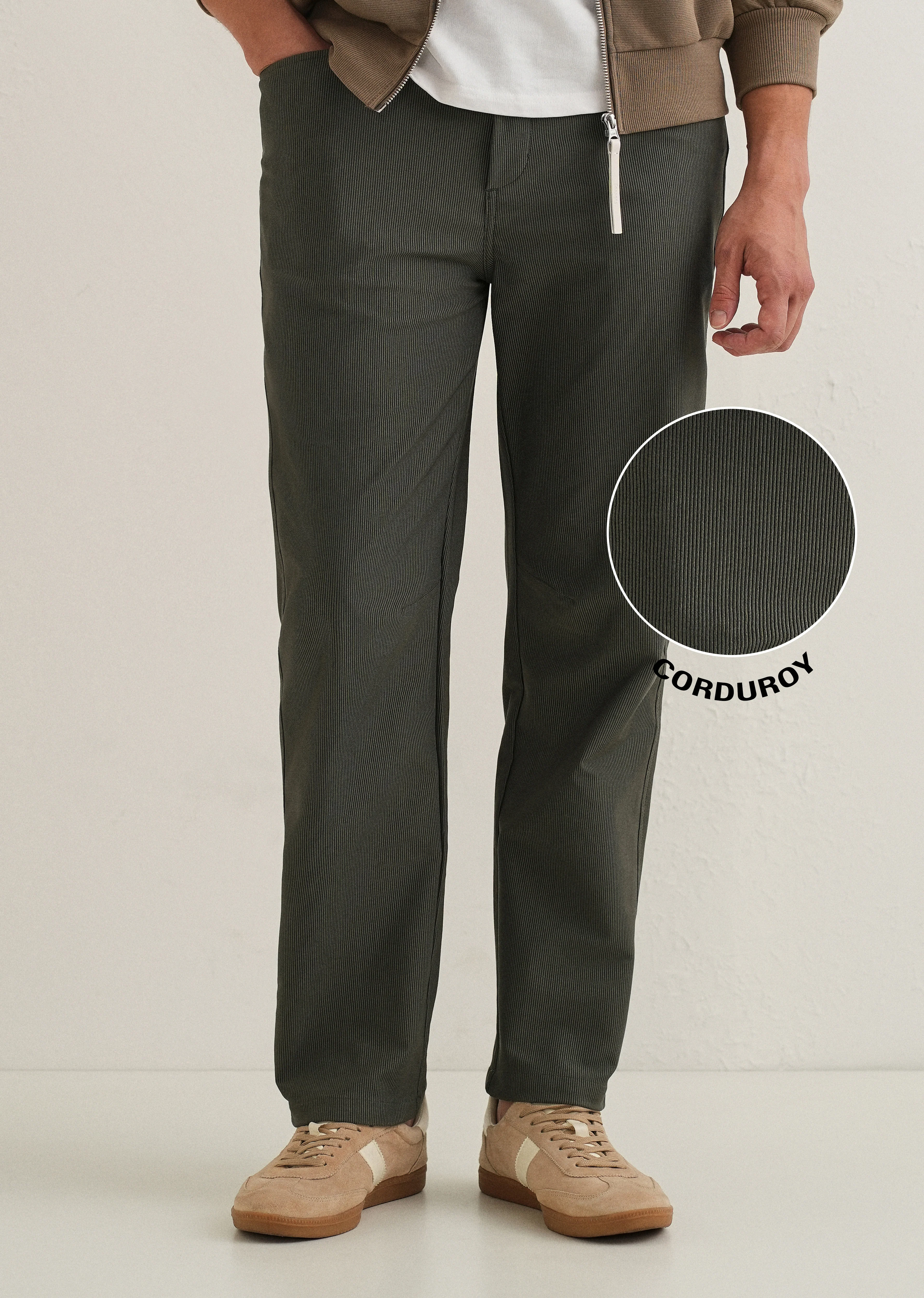 Olive Green Straight Fit Corduroy Pants - Image 2