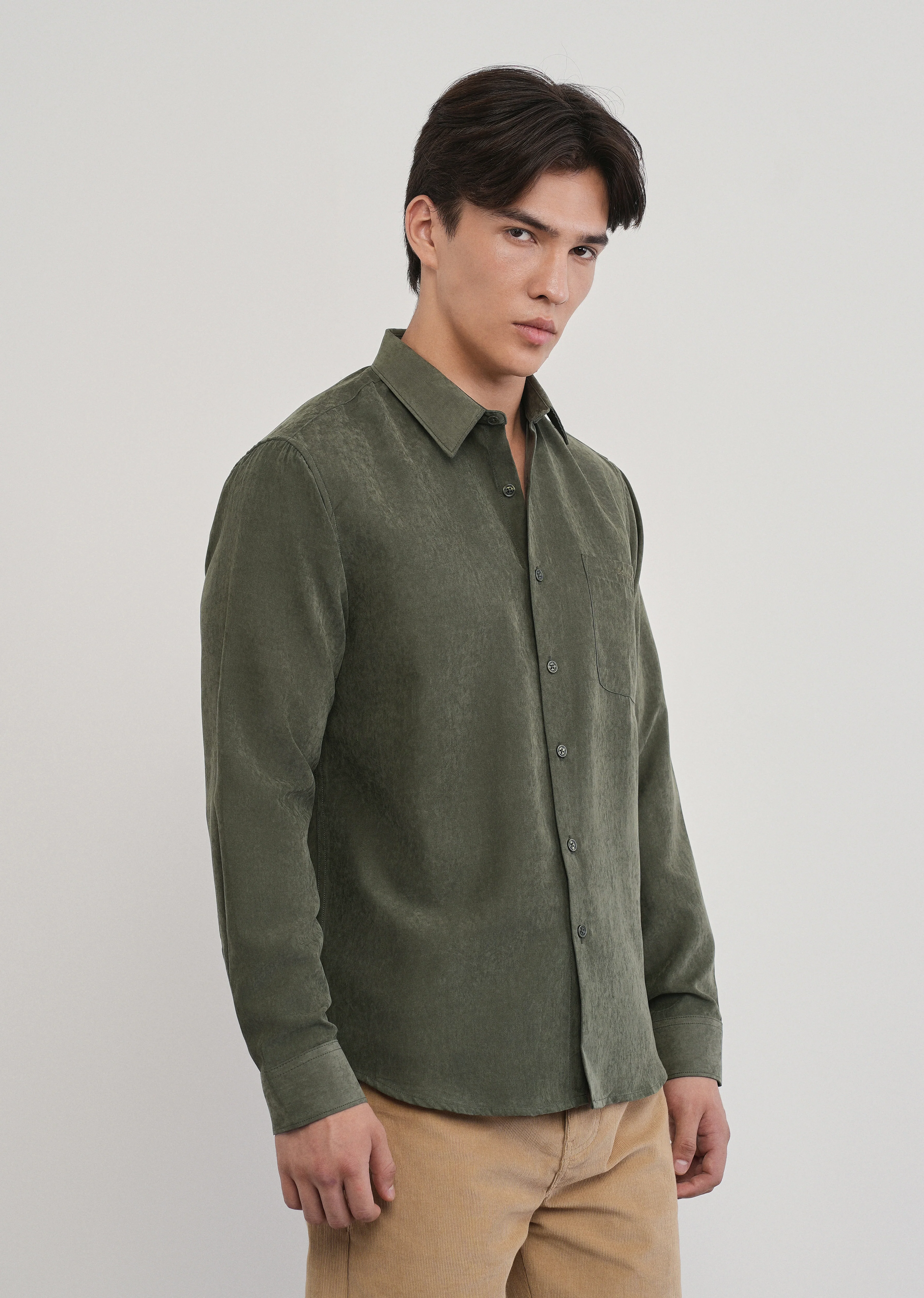 Olive Green Suede Plain Shirt - Image 4
