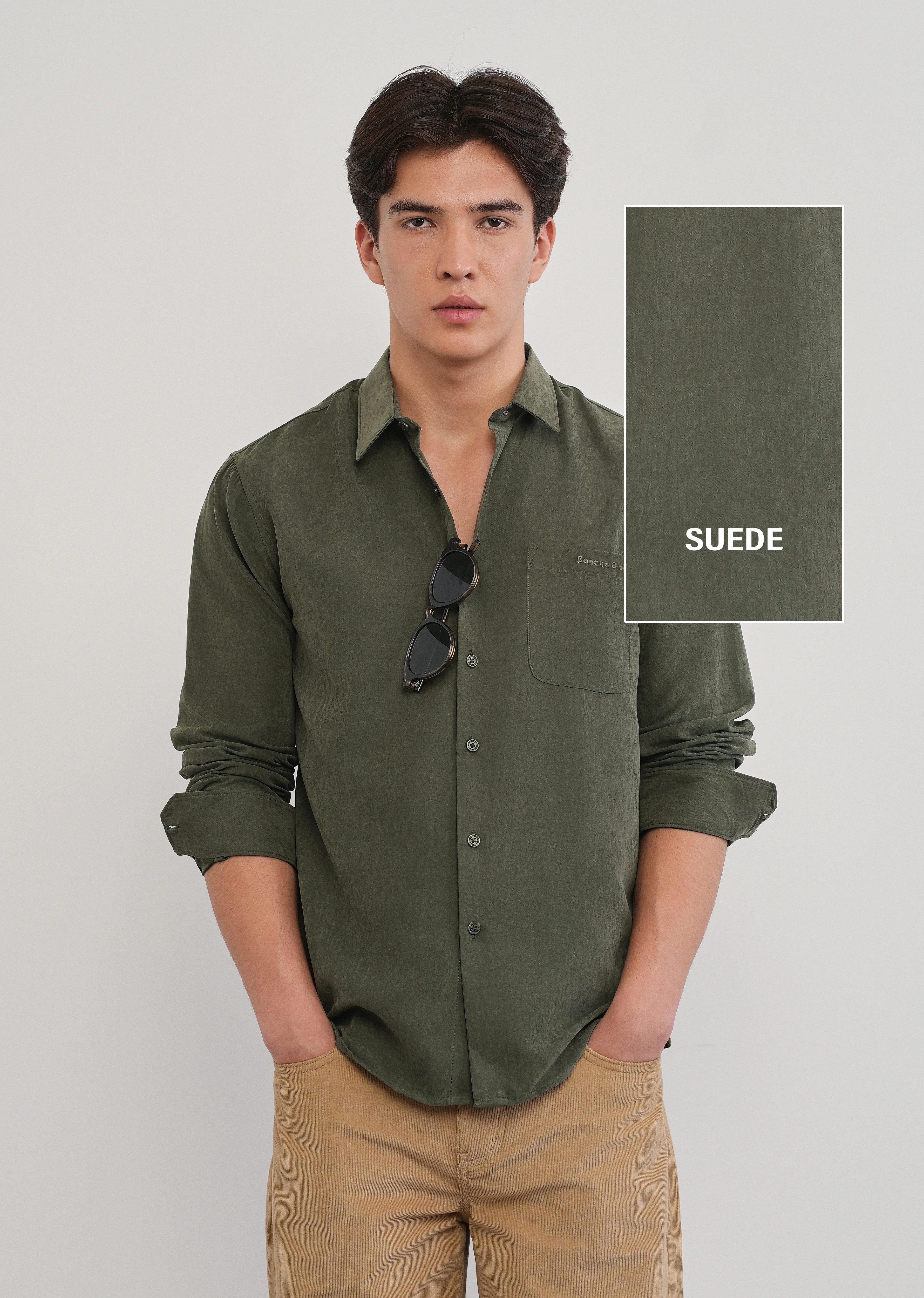Olive Green Suede Plain Shirt - Image 7