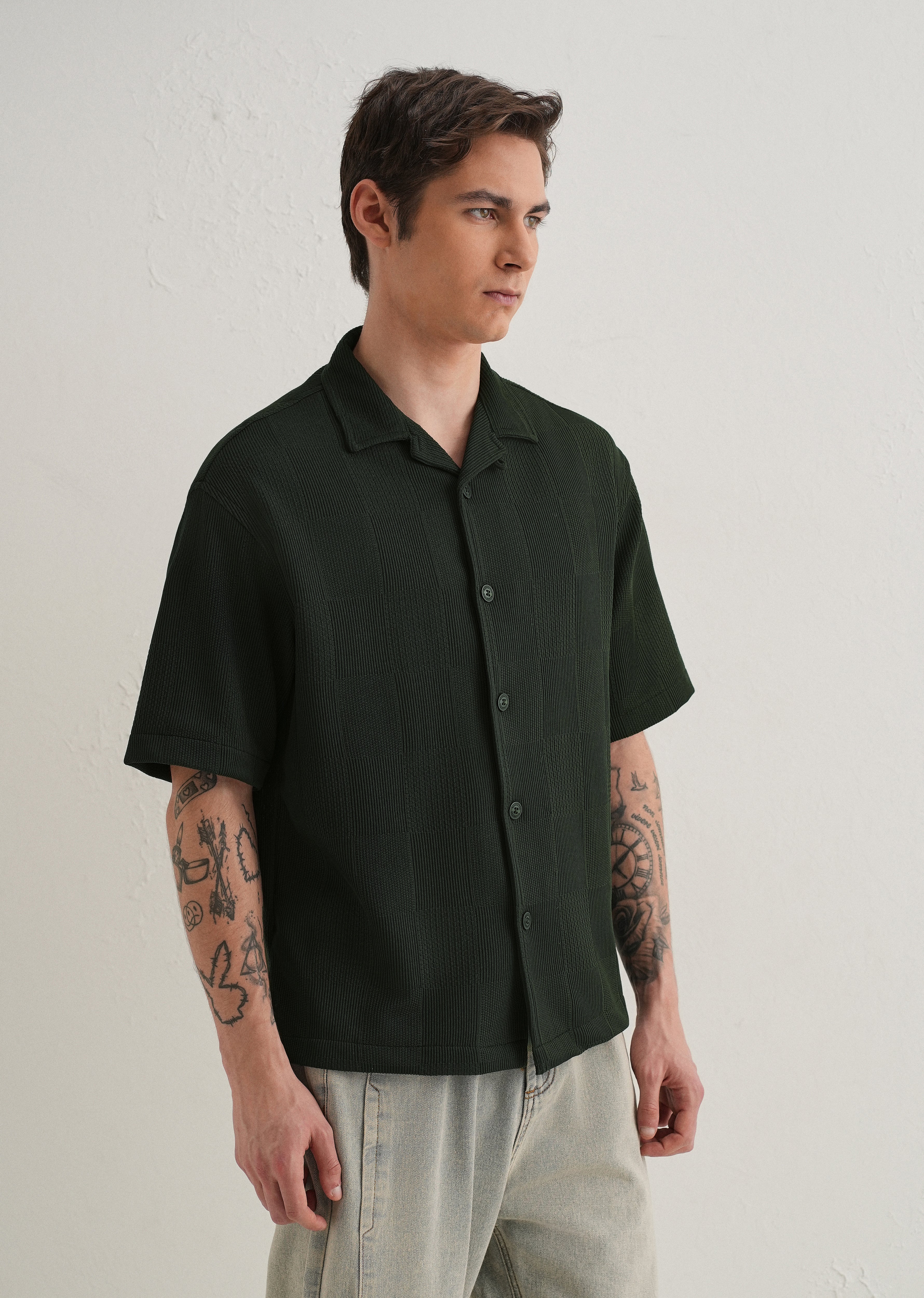 Olive Green Textured Check Knit Shirt - Image 5