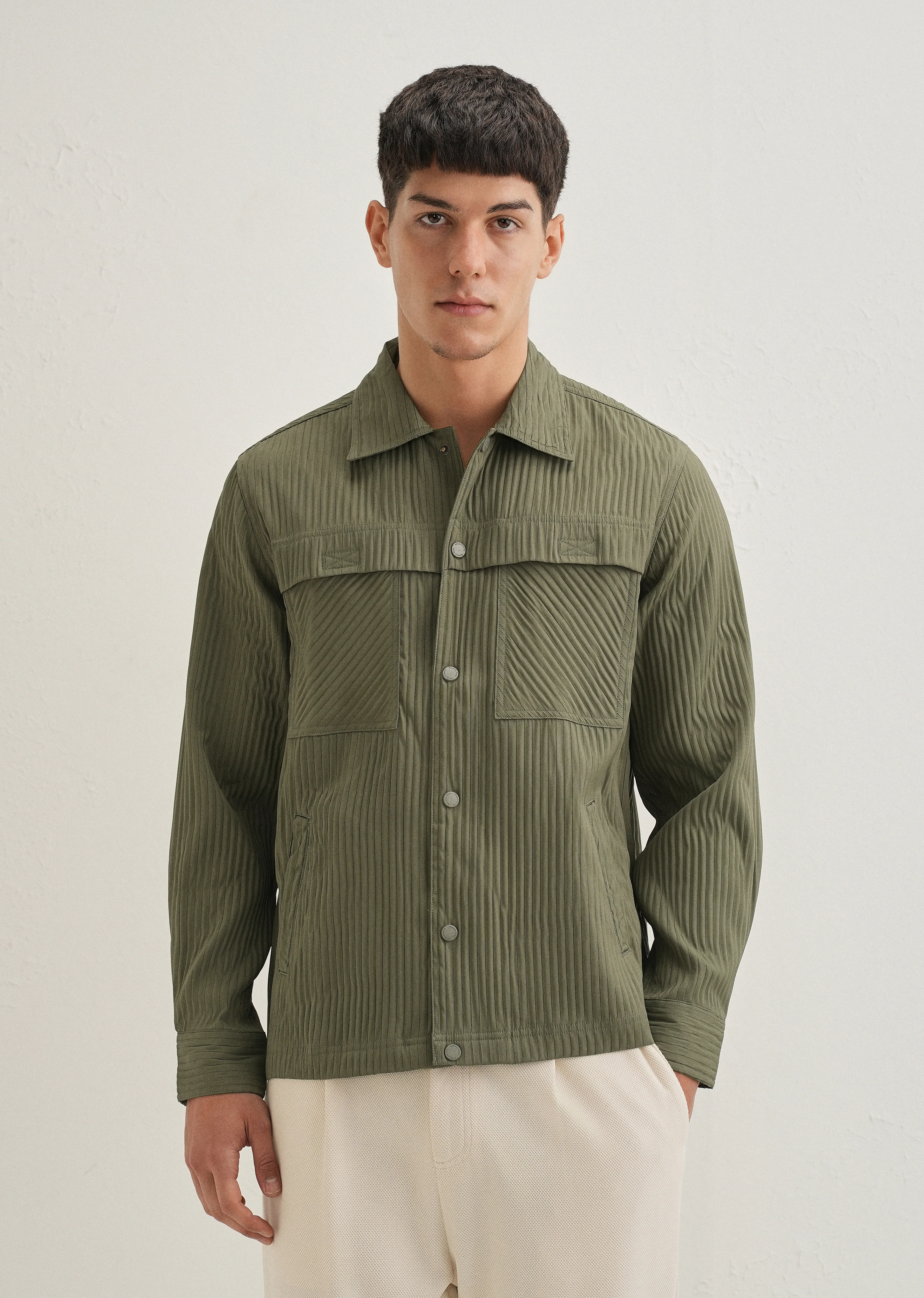 Olive Green Textured Utility Shacket - Image 3