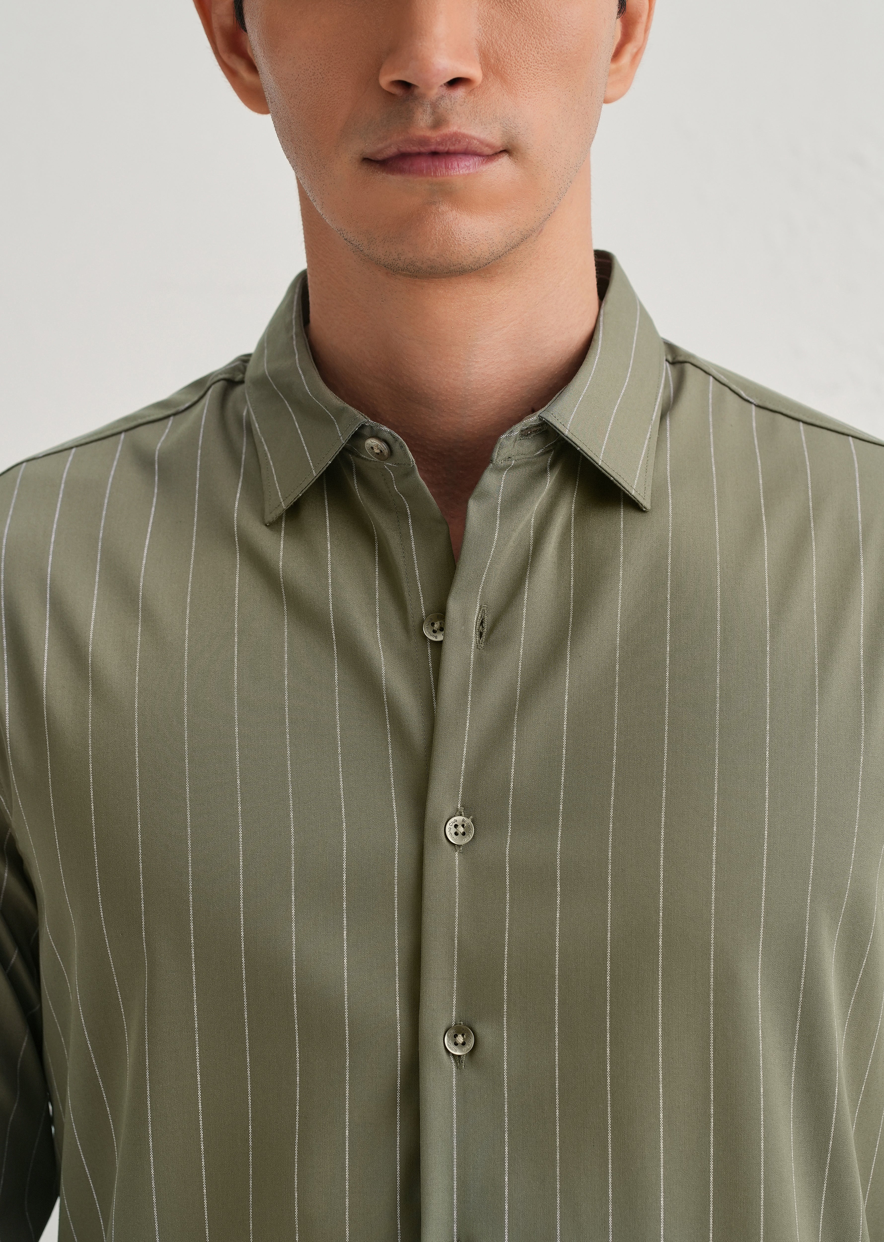 Olive Green Vertical Stripe Shirt - Image 3