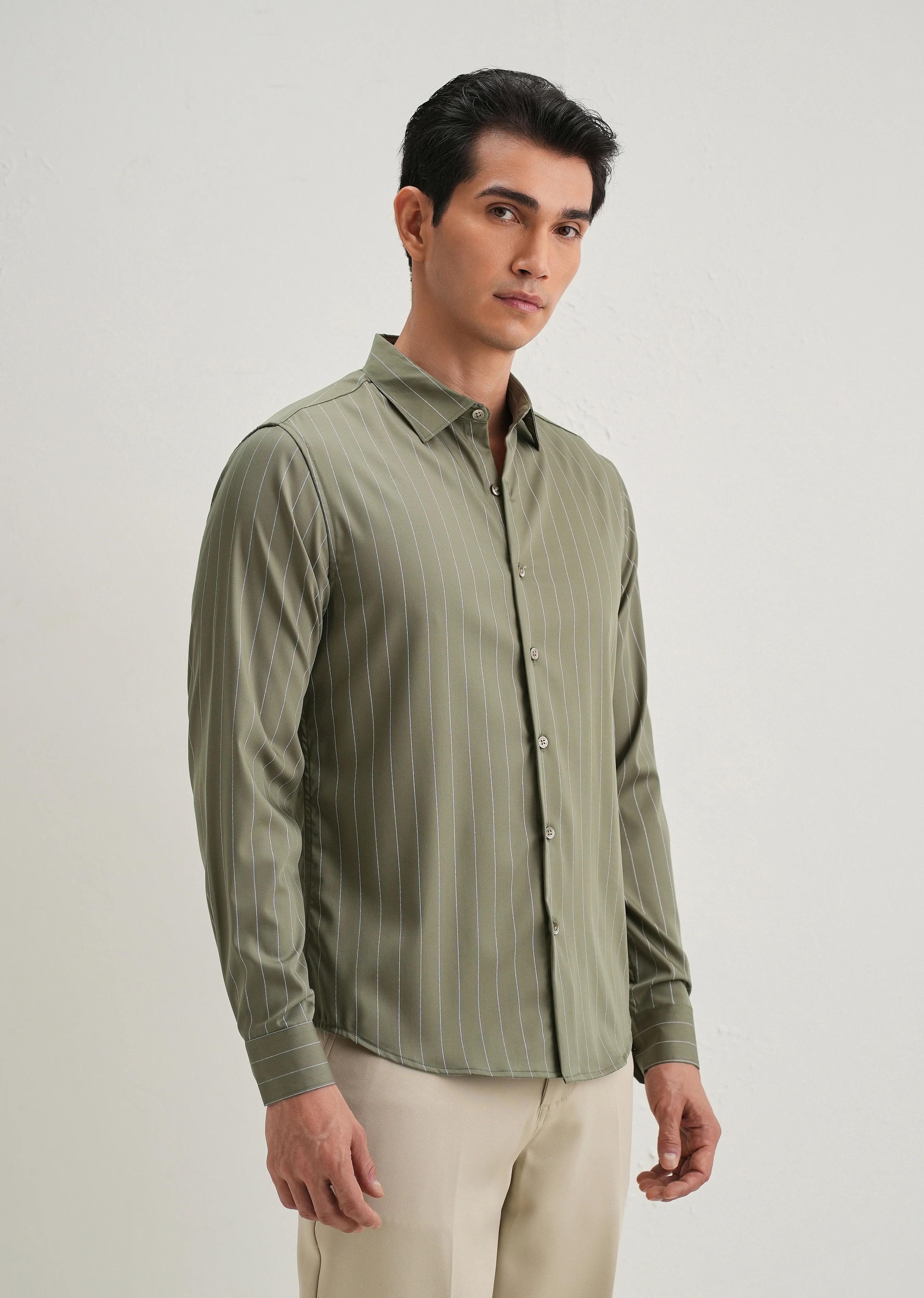 Olive Green Vertical Stripe Shirt - Image 6