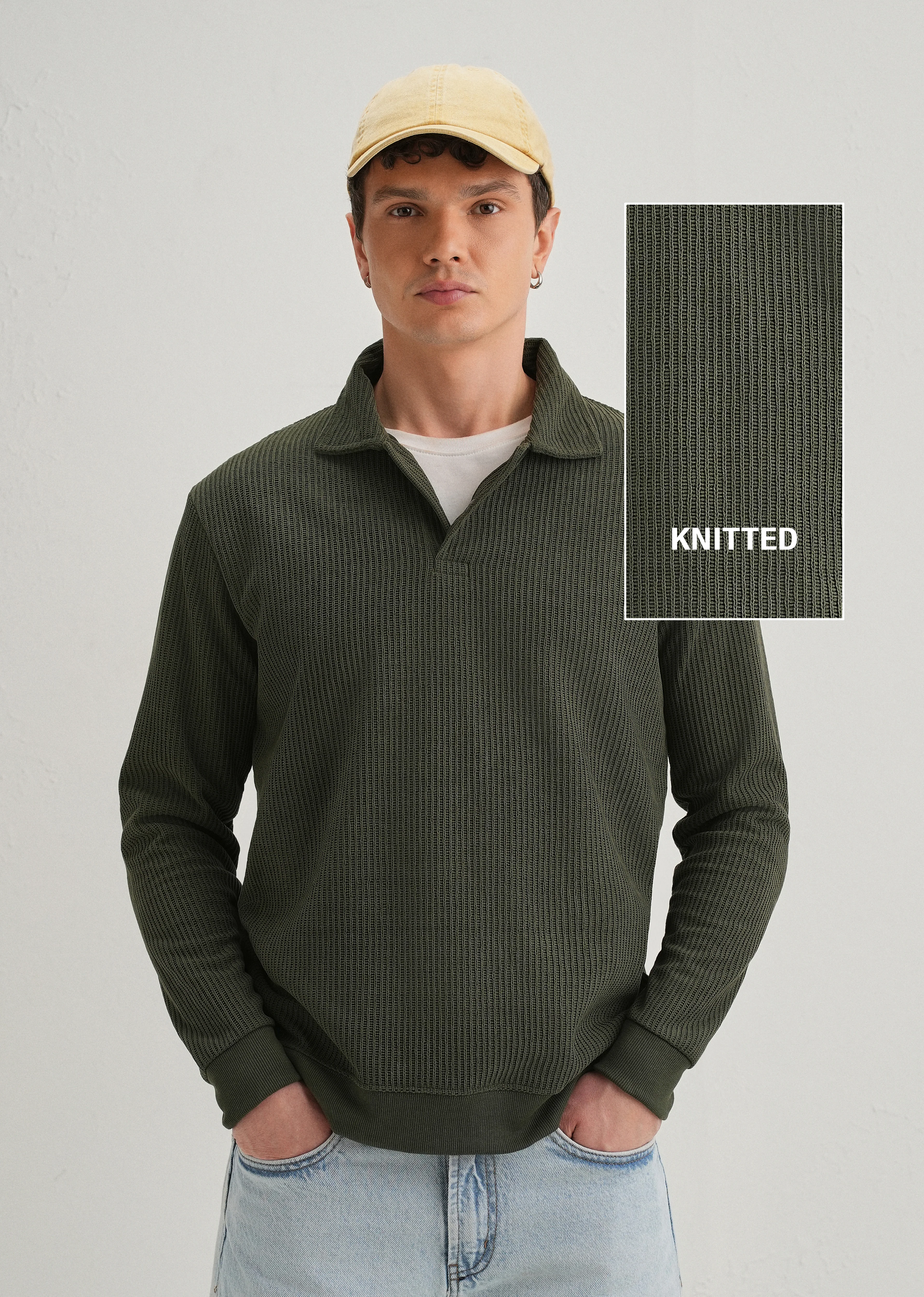 Olive Green Waffle Knit Polo Sweatshirt - Image 2