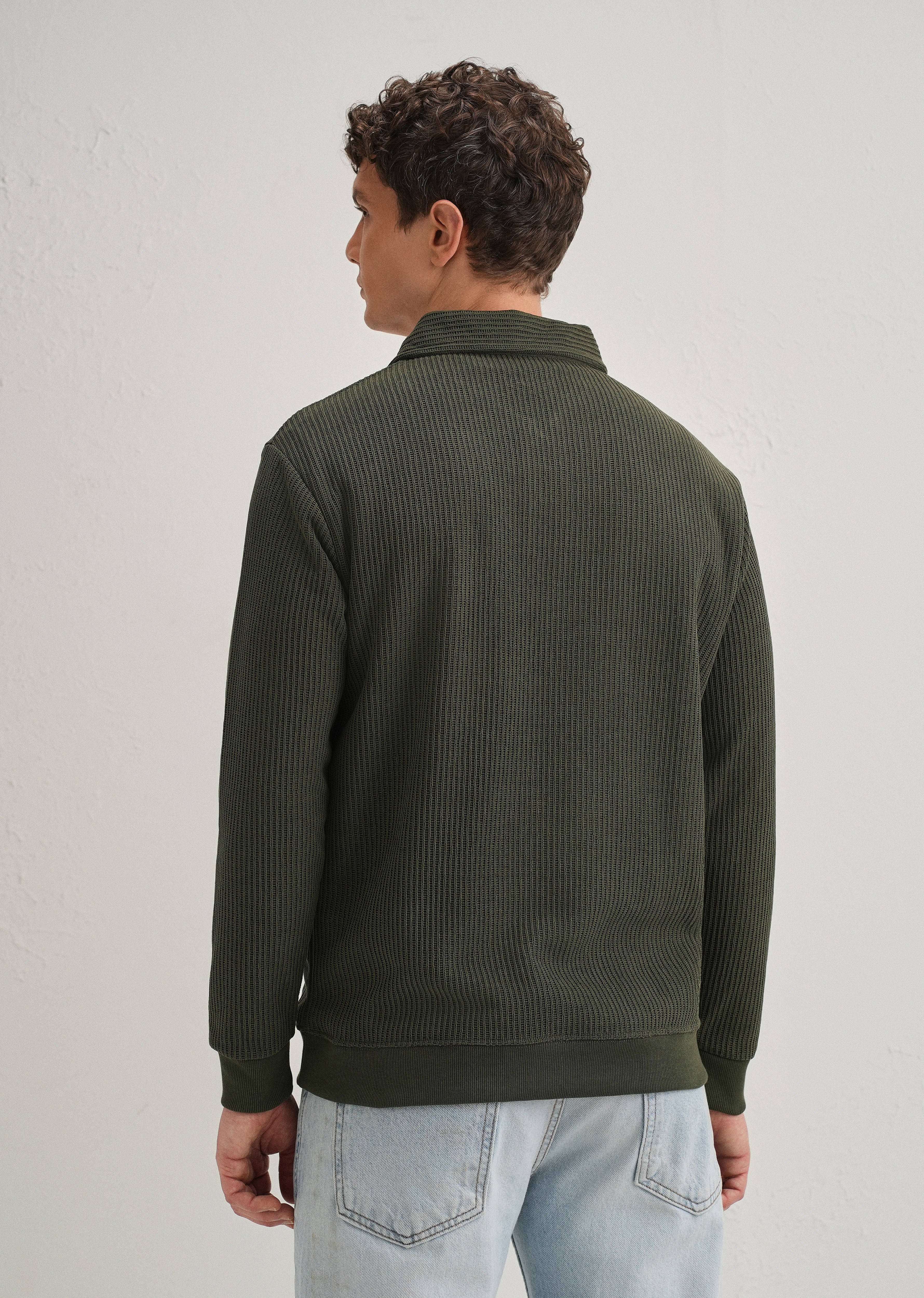 Olive Green Waffle Knit Polo Sweatshirt - Image 4
