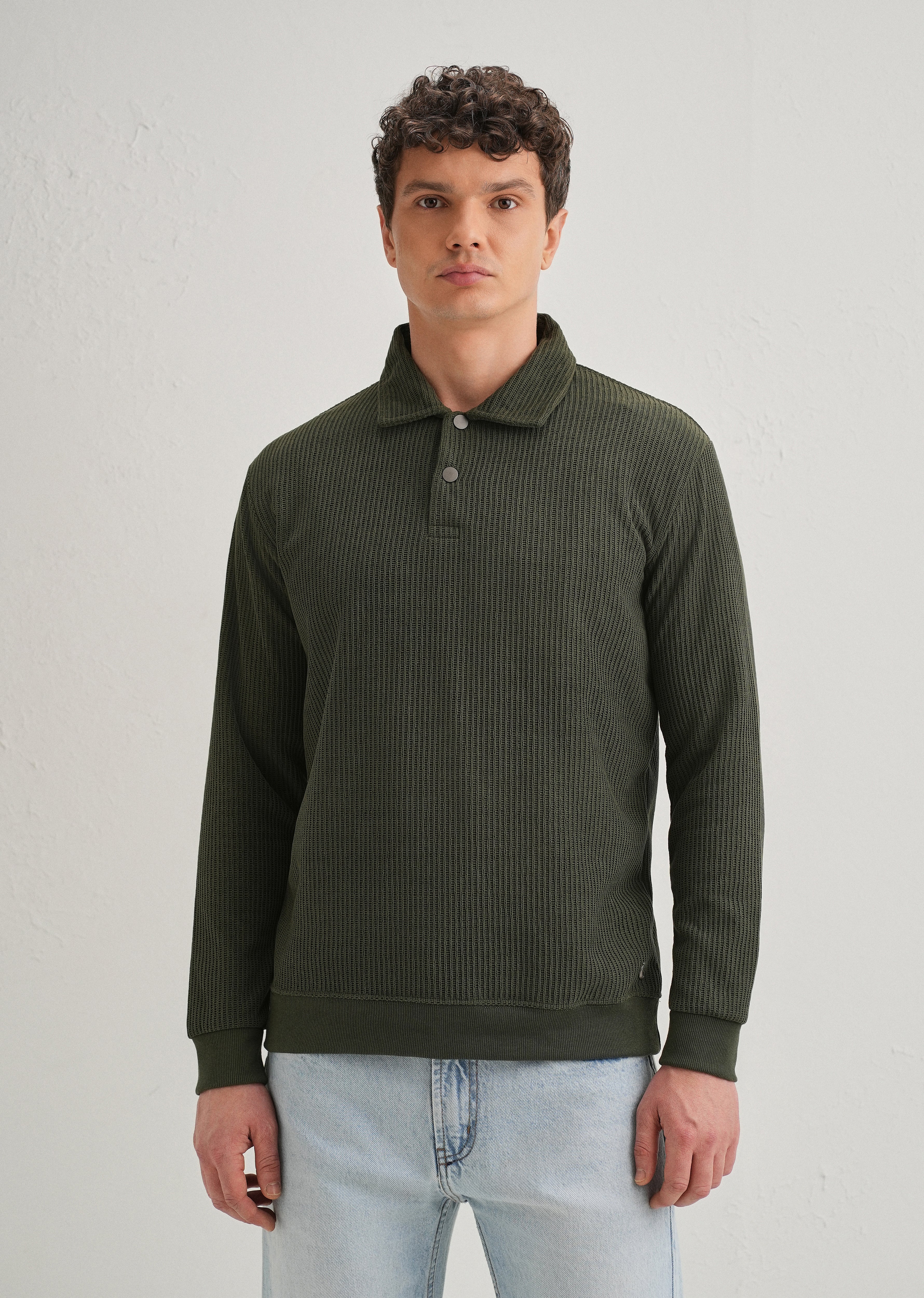 Olive Green Waffle Knit Polo Sweatshirt - Image 5