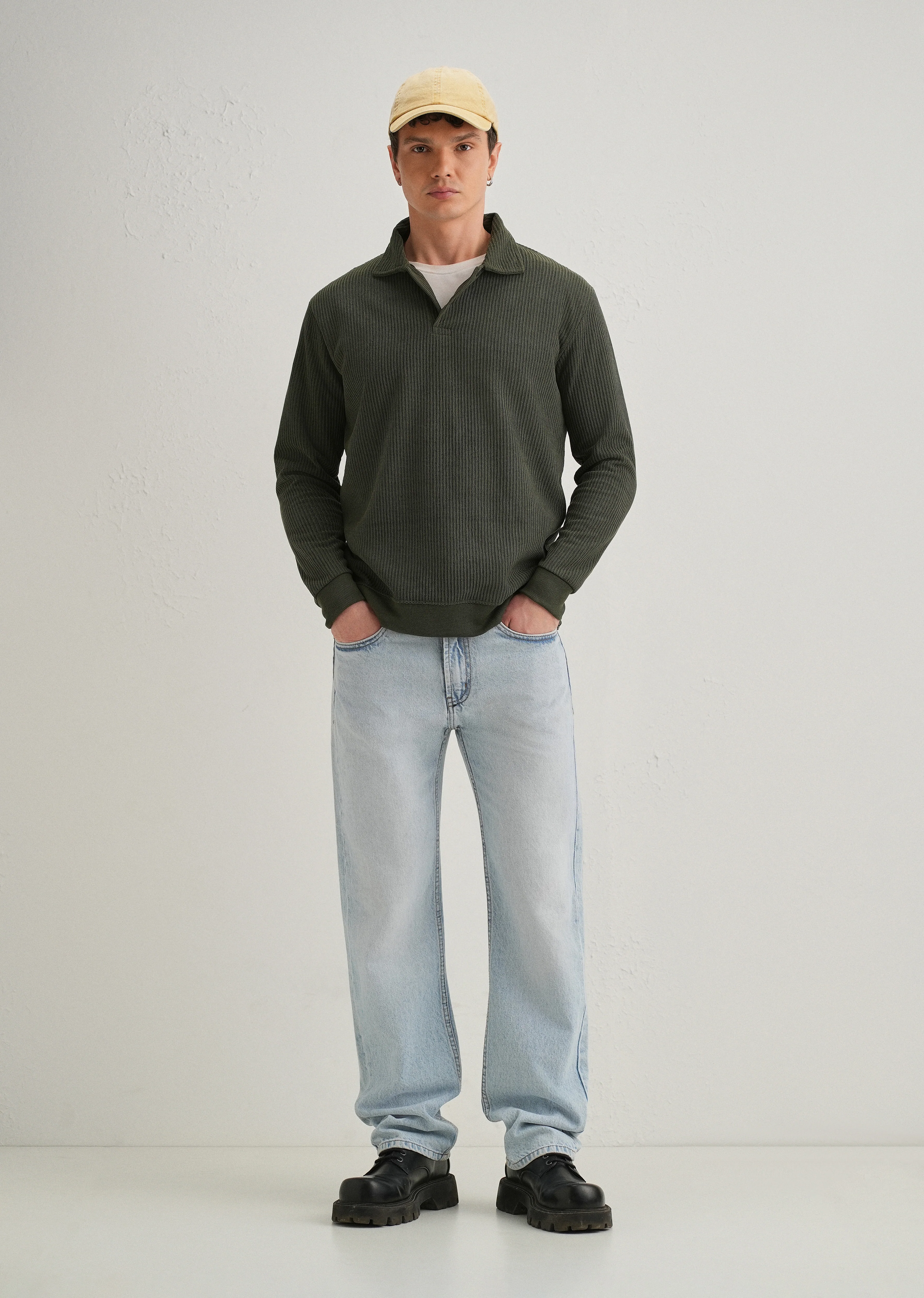 Olive Green Waffle Knit Polo Sweatshirt - Image 8