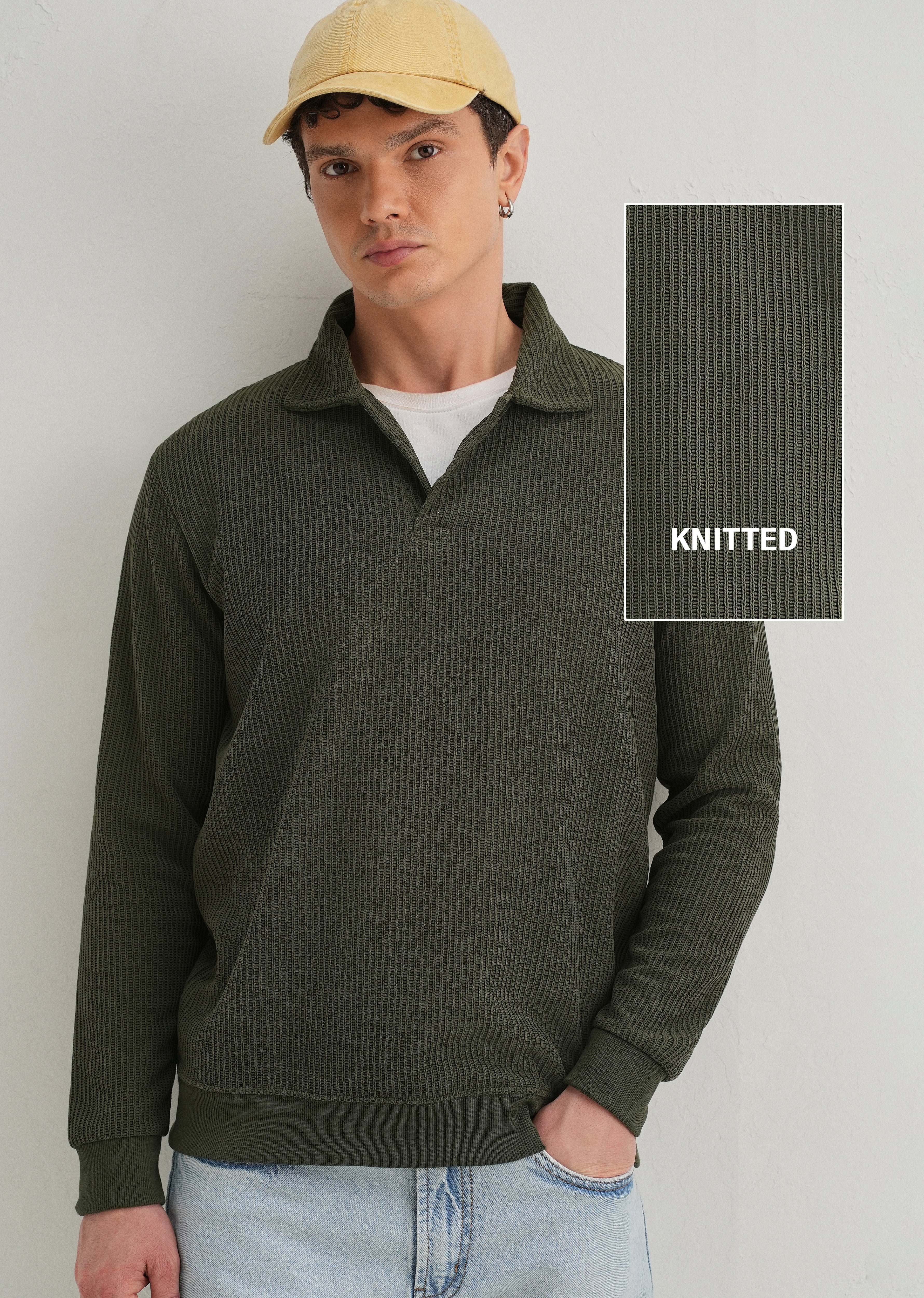 Olive Green Waffle Knit Polo Sweatshirt - Image 9