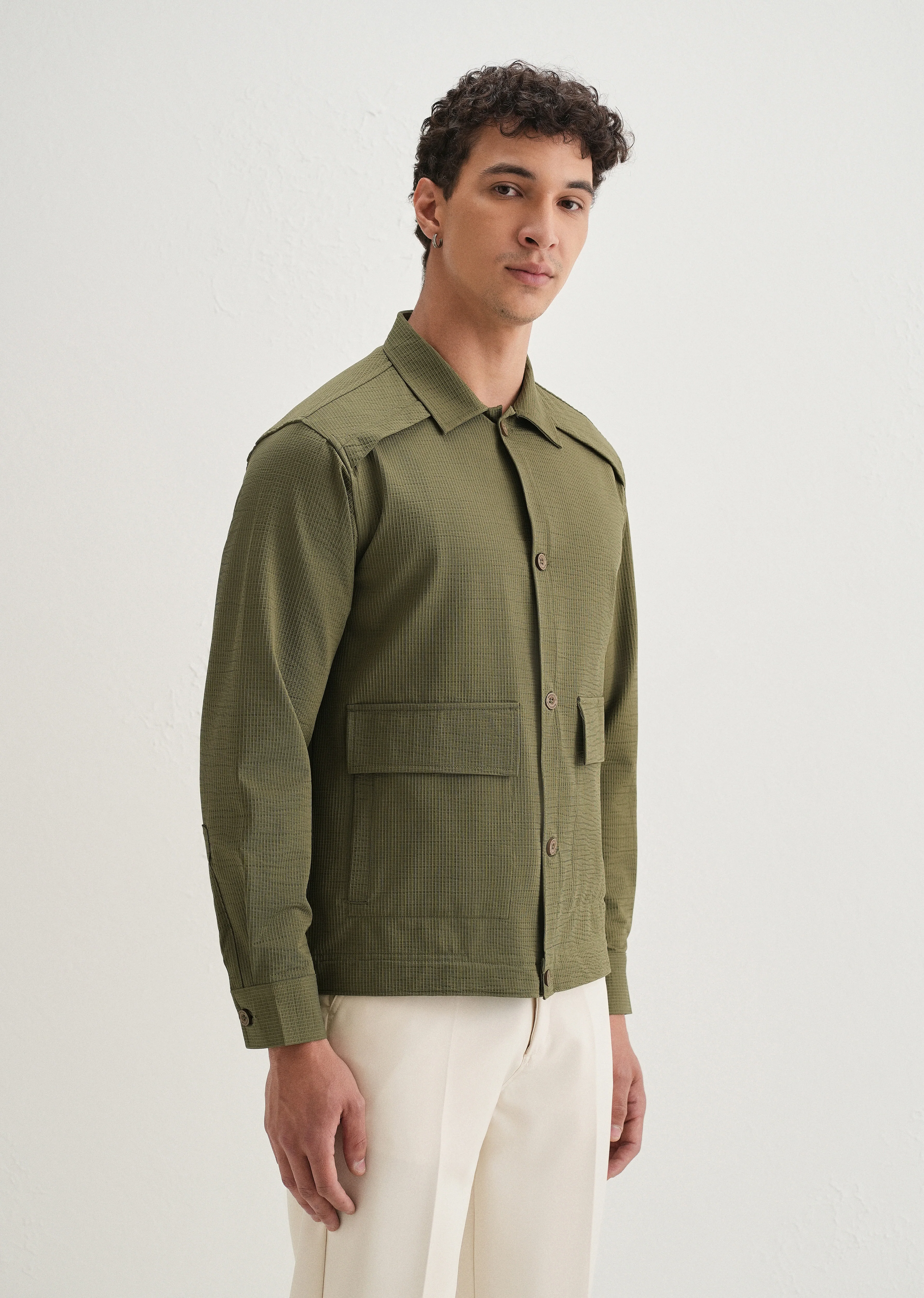 Olive Green Waffle Textured Shacket - Image 5