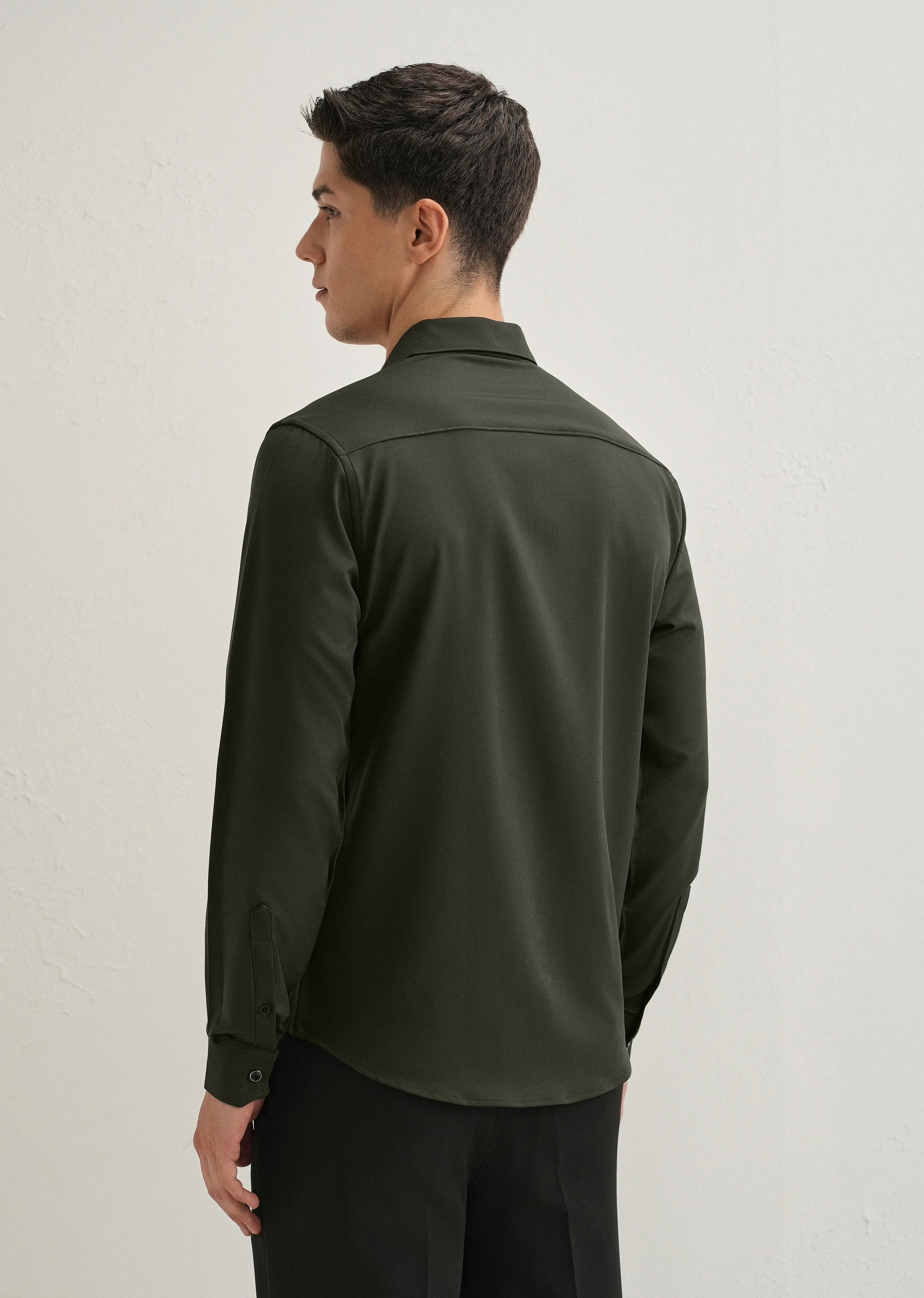 Olive Green Wrinkle Free Plain Shirt - Image 2