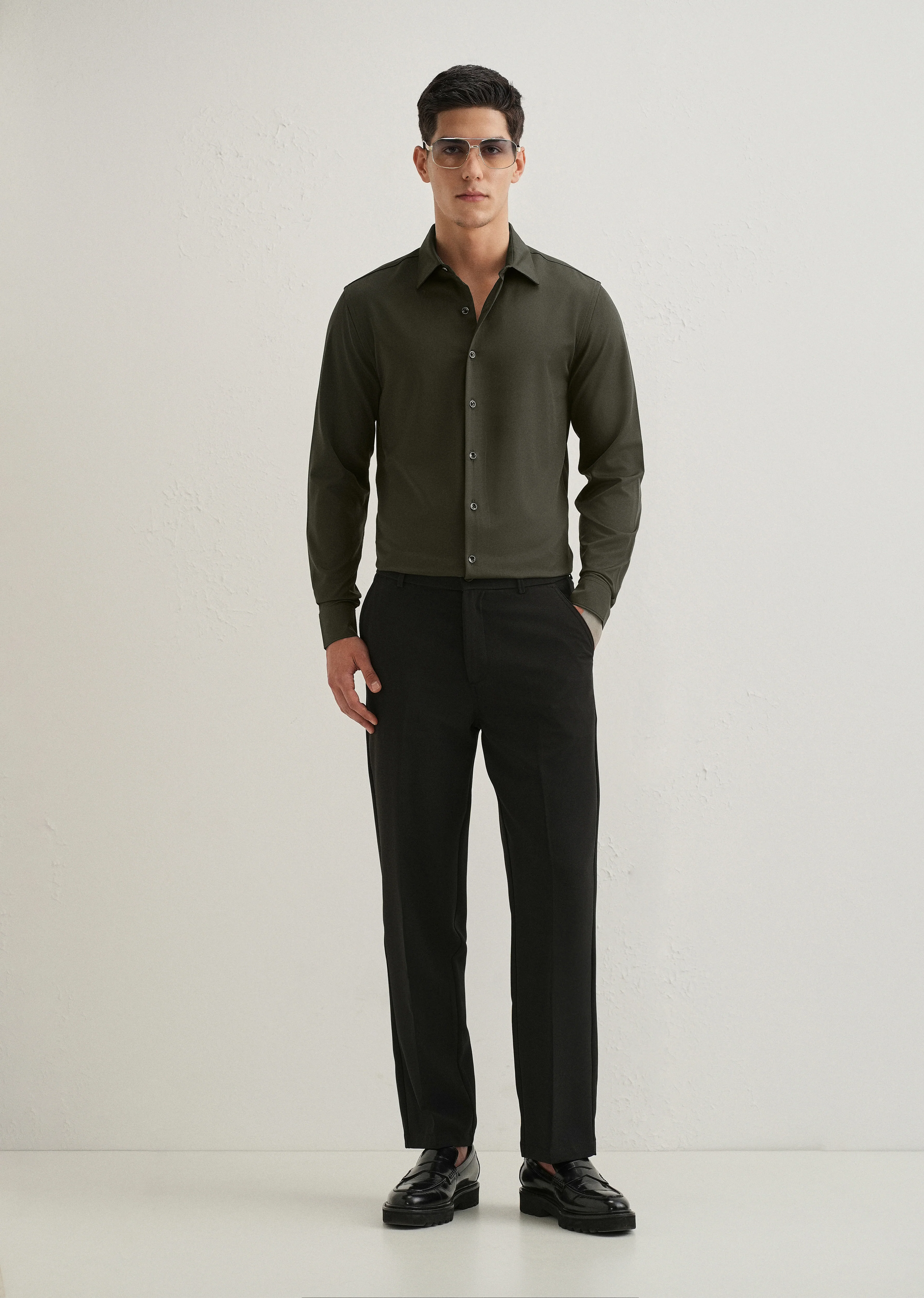 Olive Green Wrinkle Free Plain Shirt - Image 6